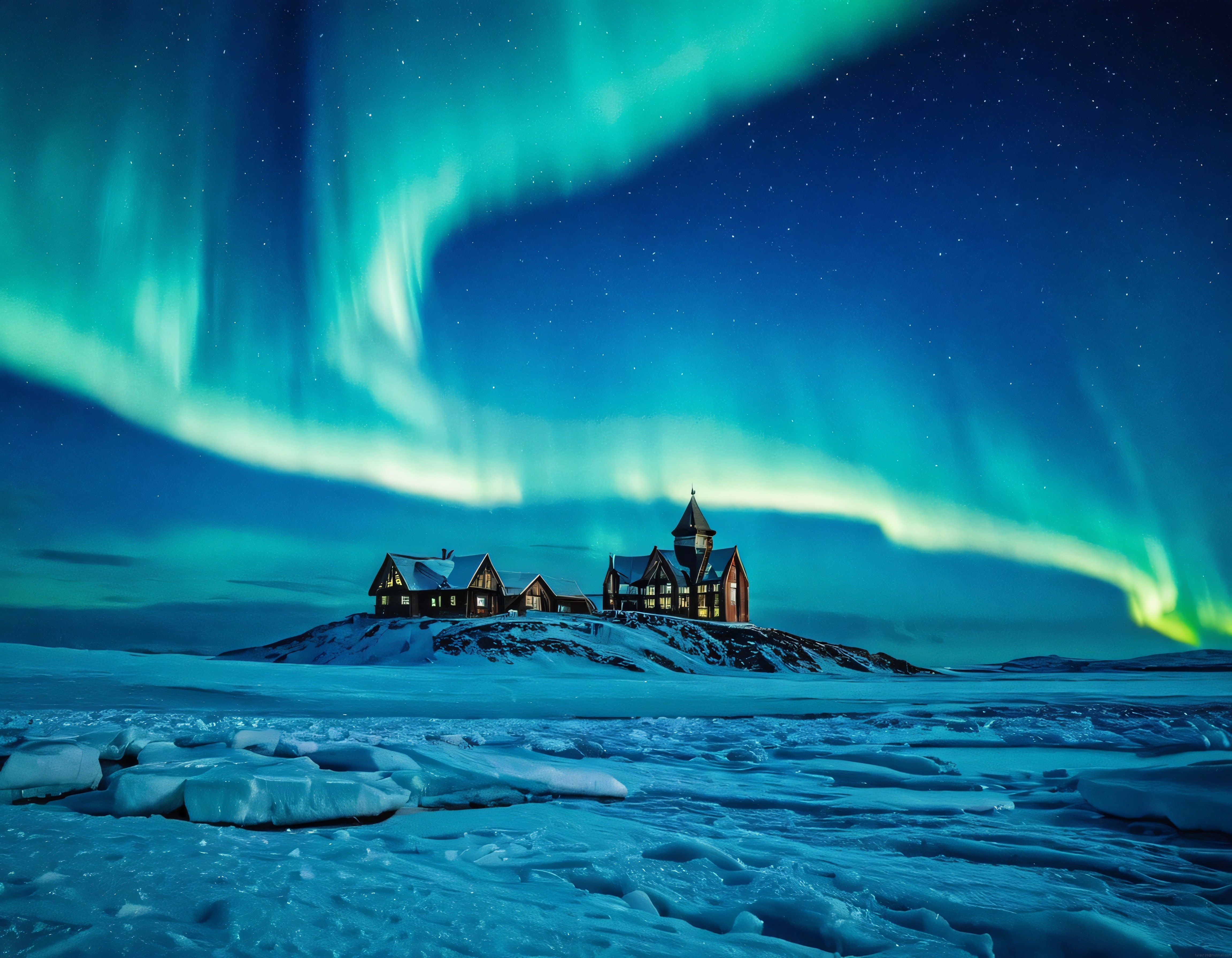 Aurora Borealis Altında Buz Tutmuş Göl ve Sıcak Işıklı Dağ Evi