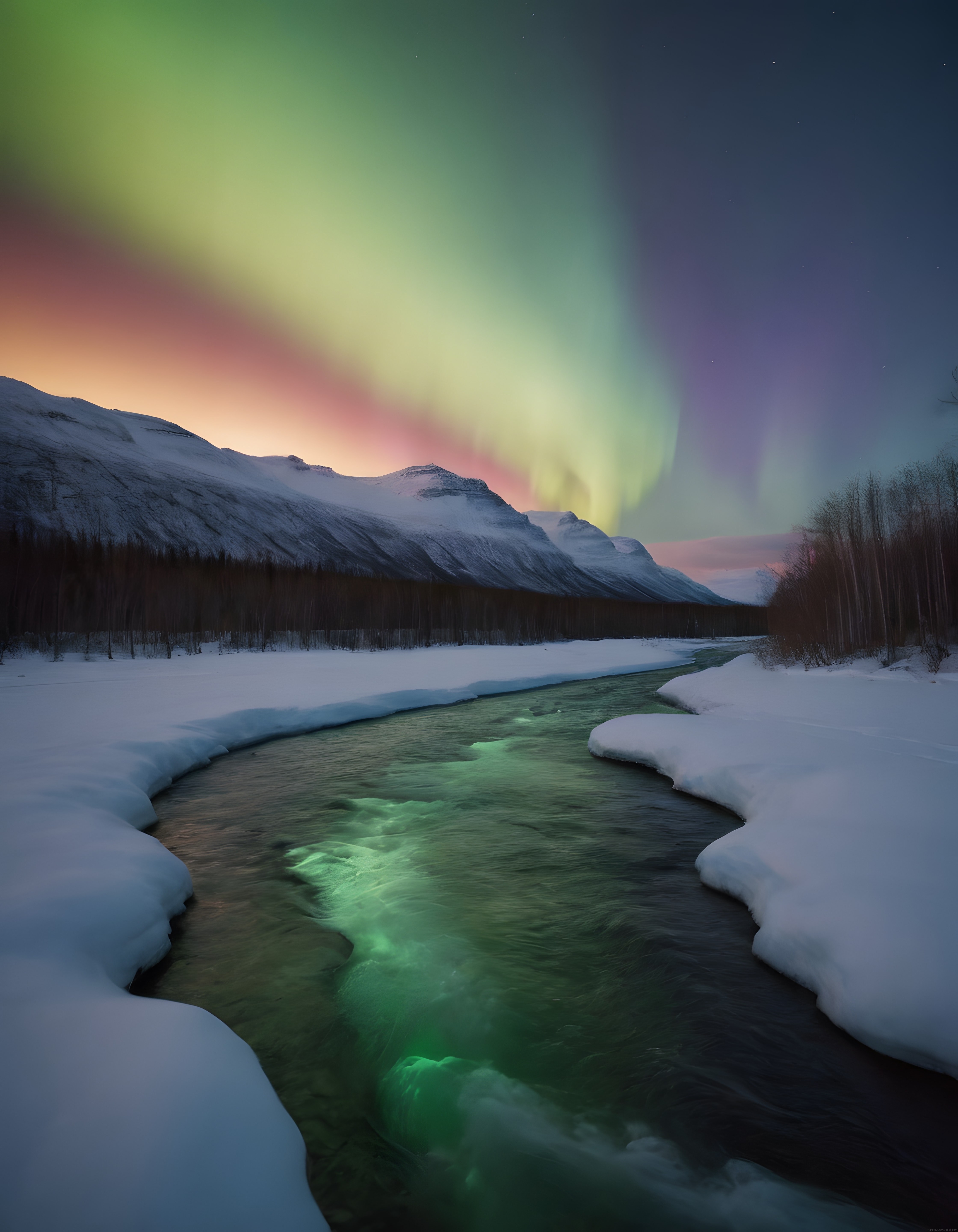 Aurora Borealis ve Karlı Dağlarla Çevrili Gecenin Buzul Nehir Manzarası