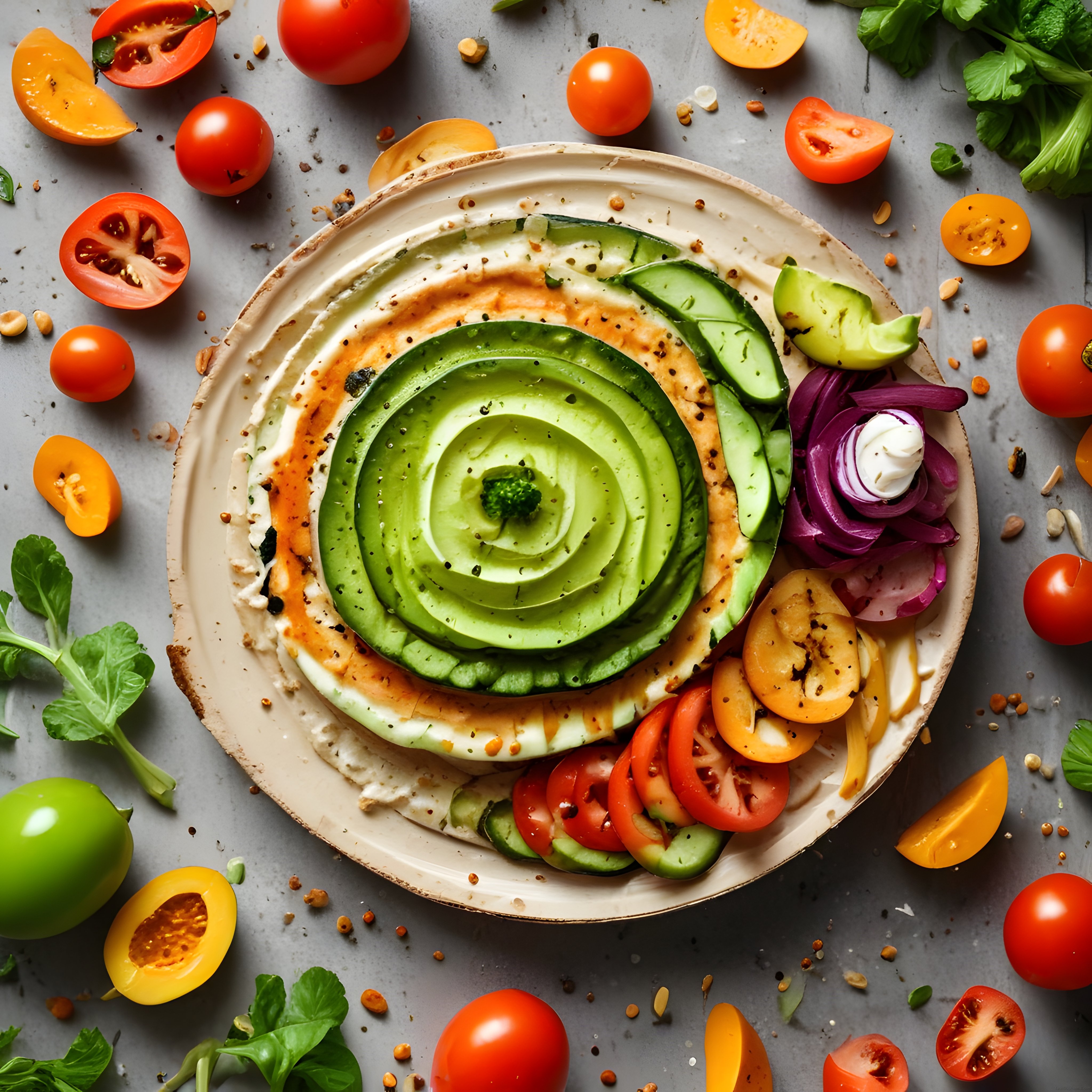 Avokado Çiçeği ile Renkli Vegan Tabak Sunumu ve Taze Bahçe Sebzeleri