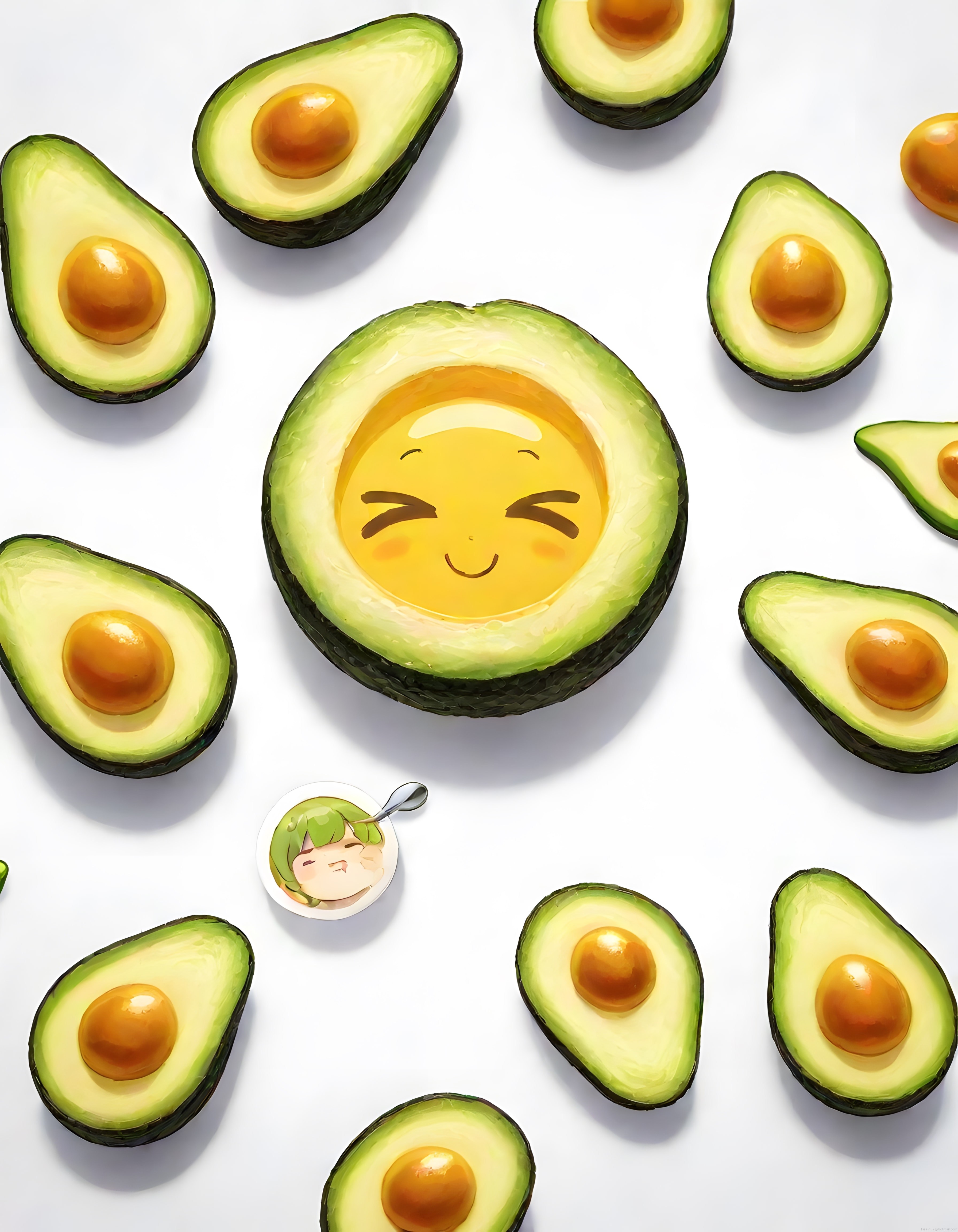 Avokado dilimleri arasında saklanan sevimli kawaii karakter illüstrasyonu
