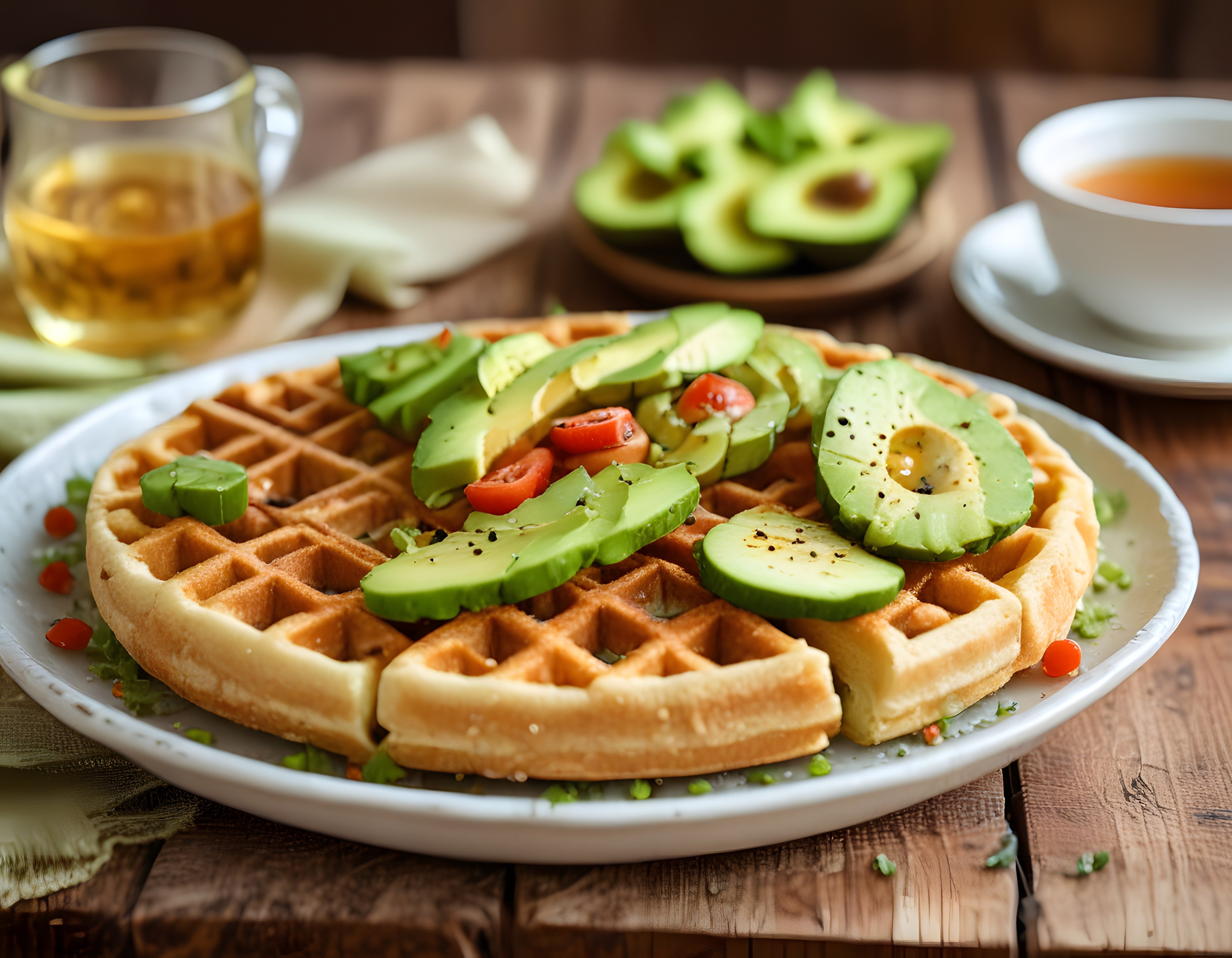 Avokado dilimleri ve domatesle servis edilen waffle, ahşap masada çay ile