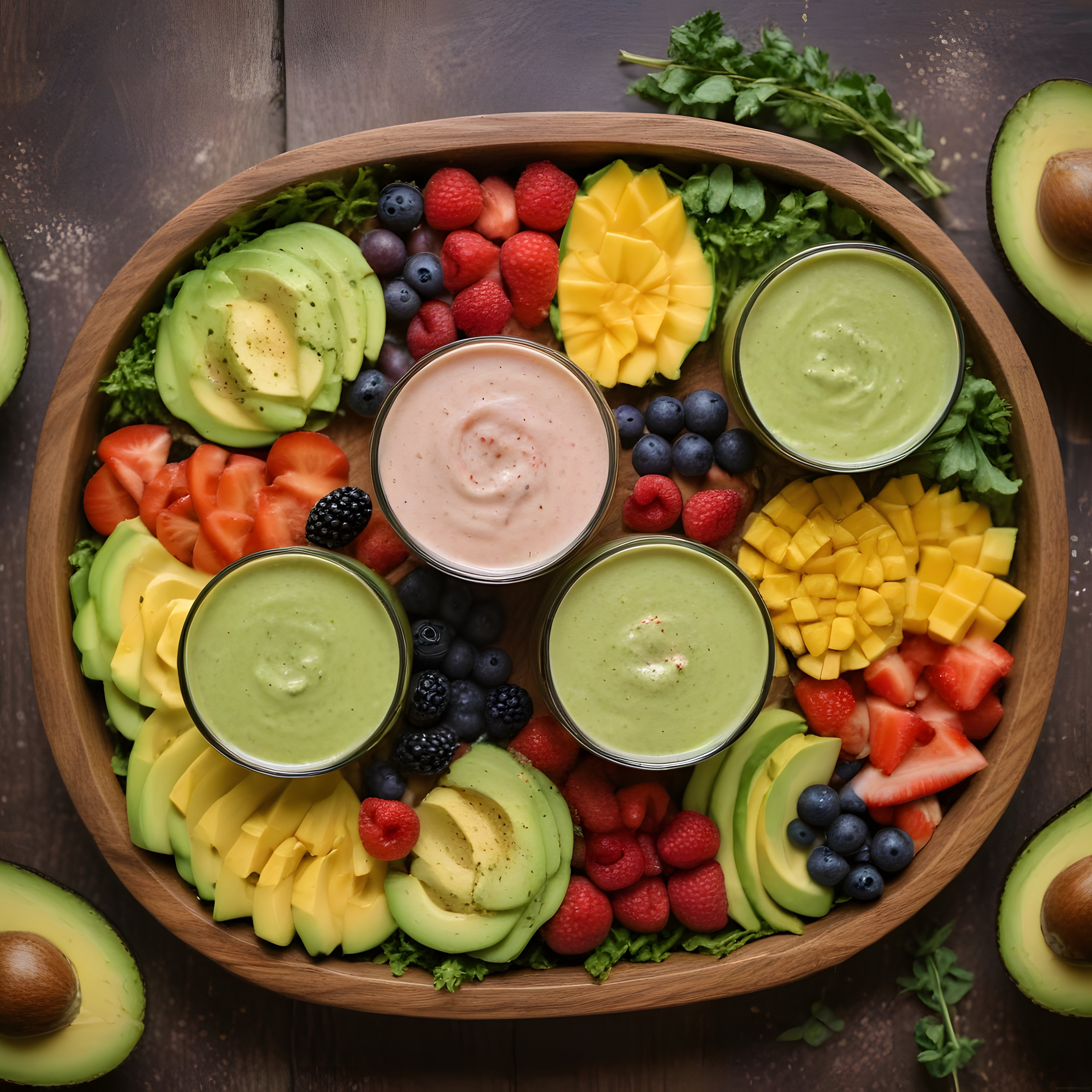 Avokado Dilimleri ve Orman Meyveli Renkli Vegan Sos Sunum Tabağı