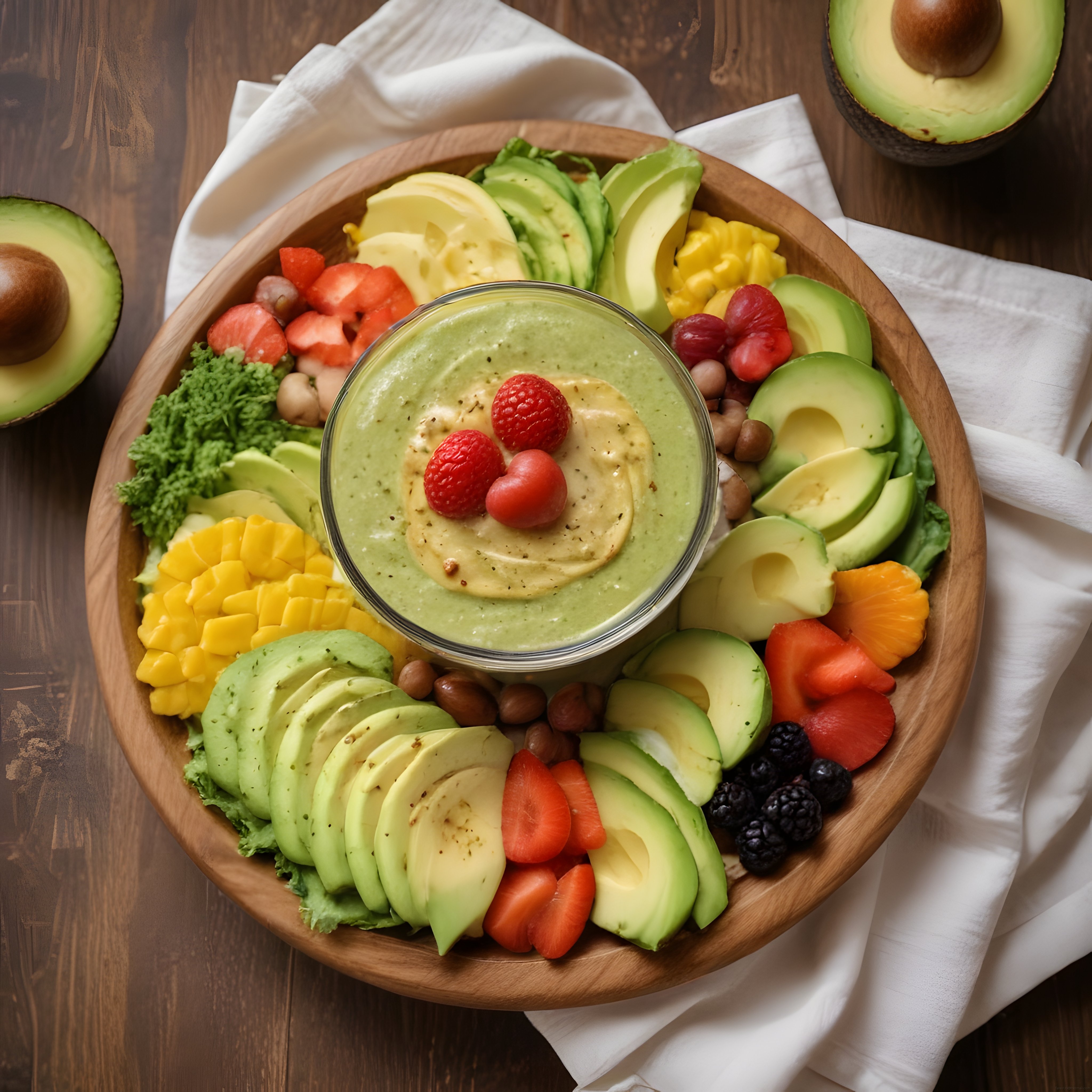 Avokado Dilimleri ve Tropikal Meyvelerle Süslenmiş Sağlıklı Vegan Kase