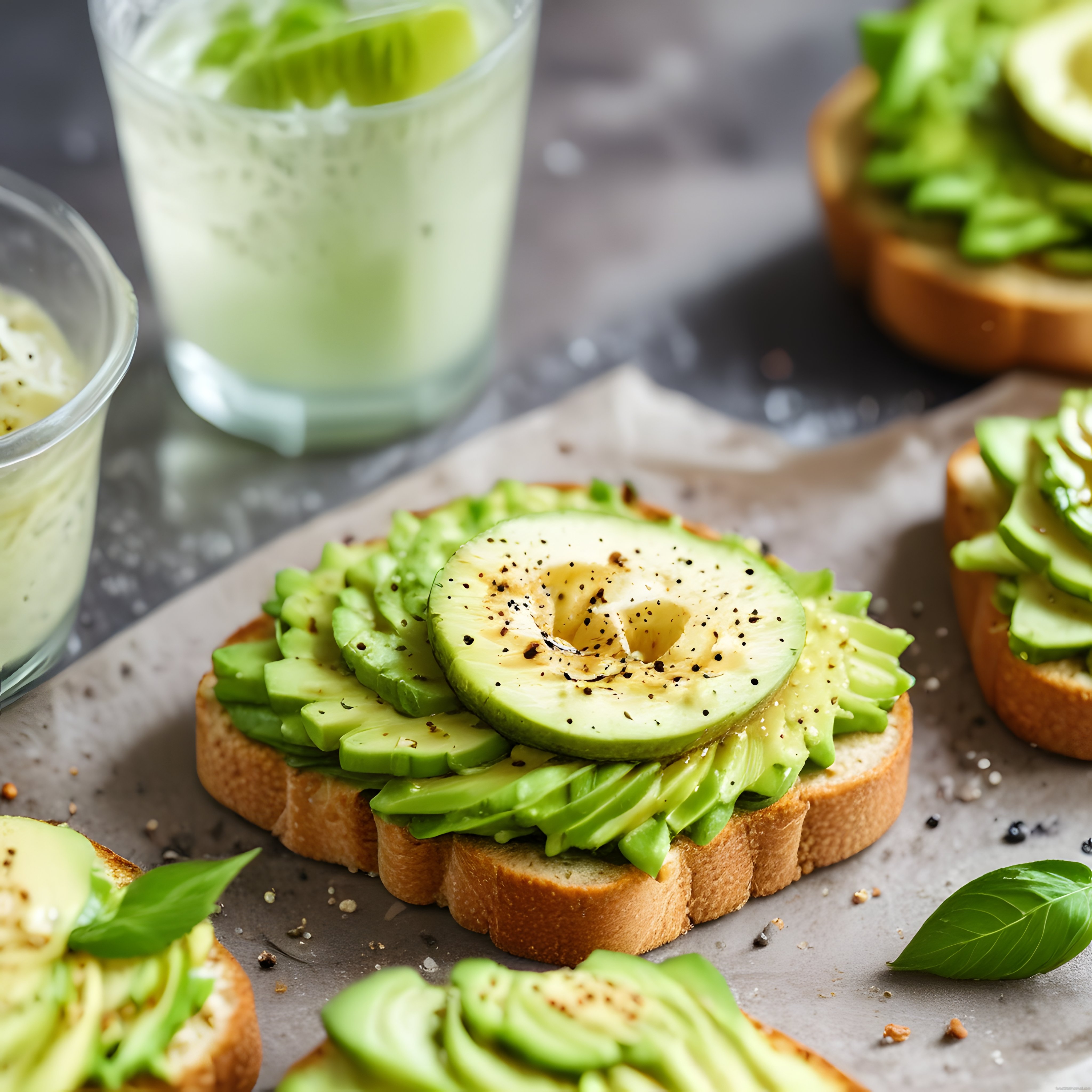 Avokado dilimli çıtır tostlar ve yeşil smoothie ile sağlıklı kahvaltı sofrası
