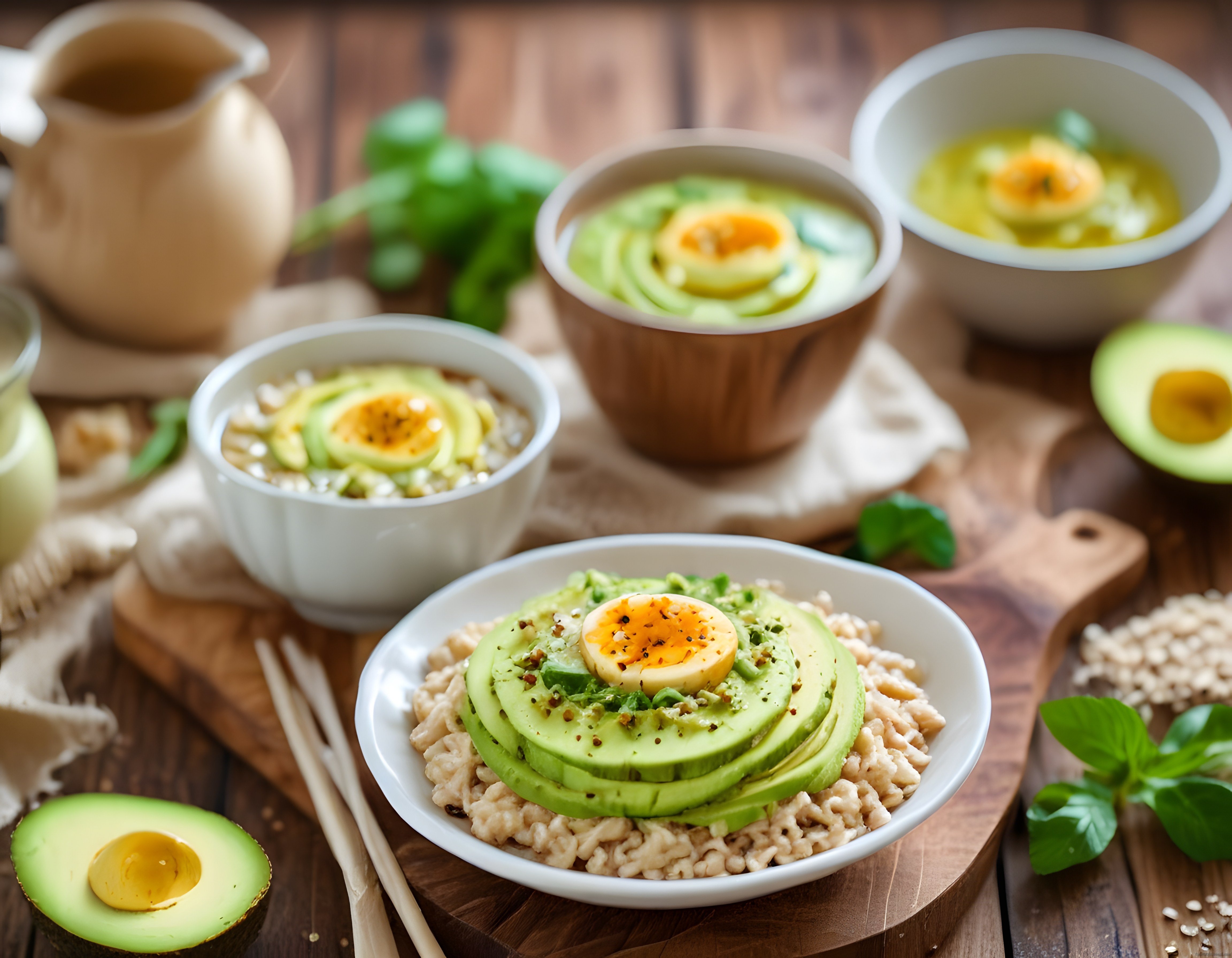 avokado dilimli ve haşlanmış yumurtalı sağlıklı esmer pirinç kase sunumu