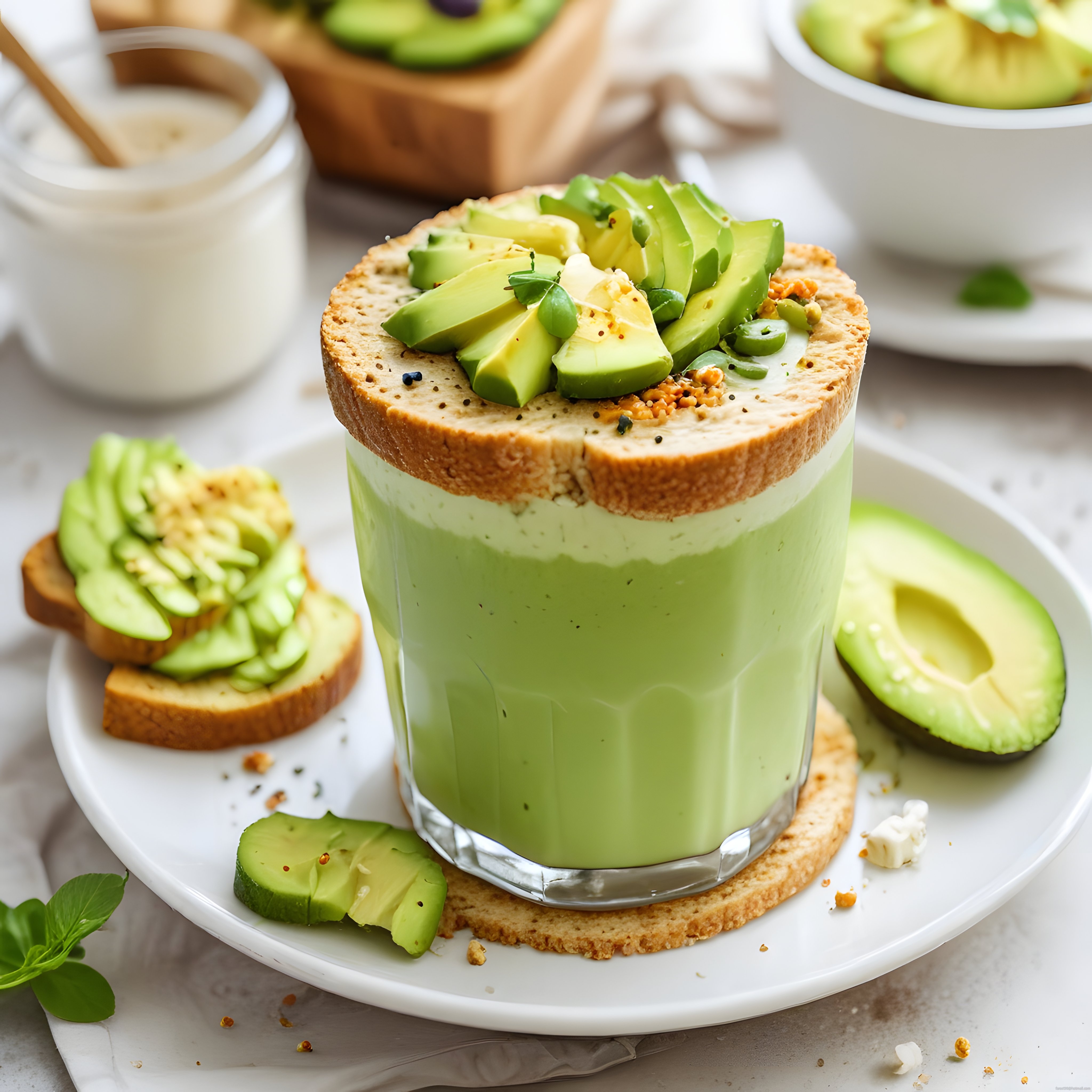 Avokado dilimli yeşil smoothie ile sağlıklı kahvaltı tabağı konsepti