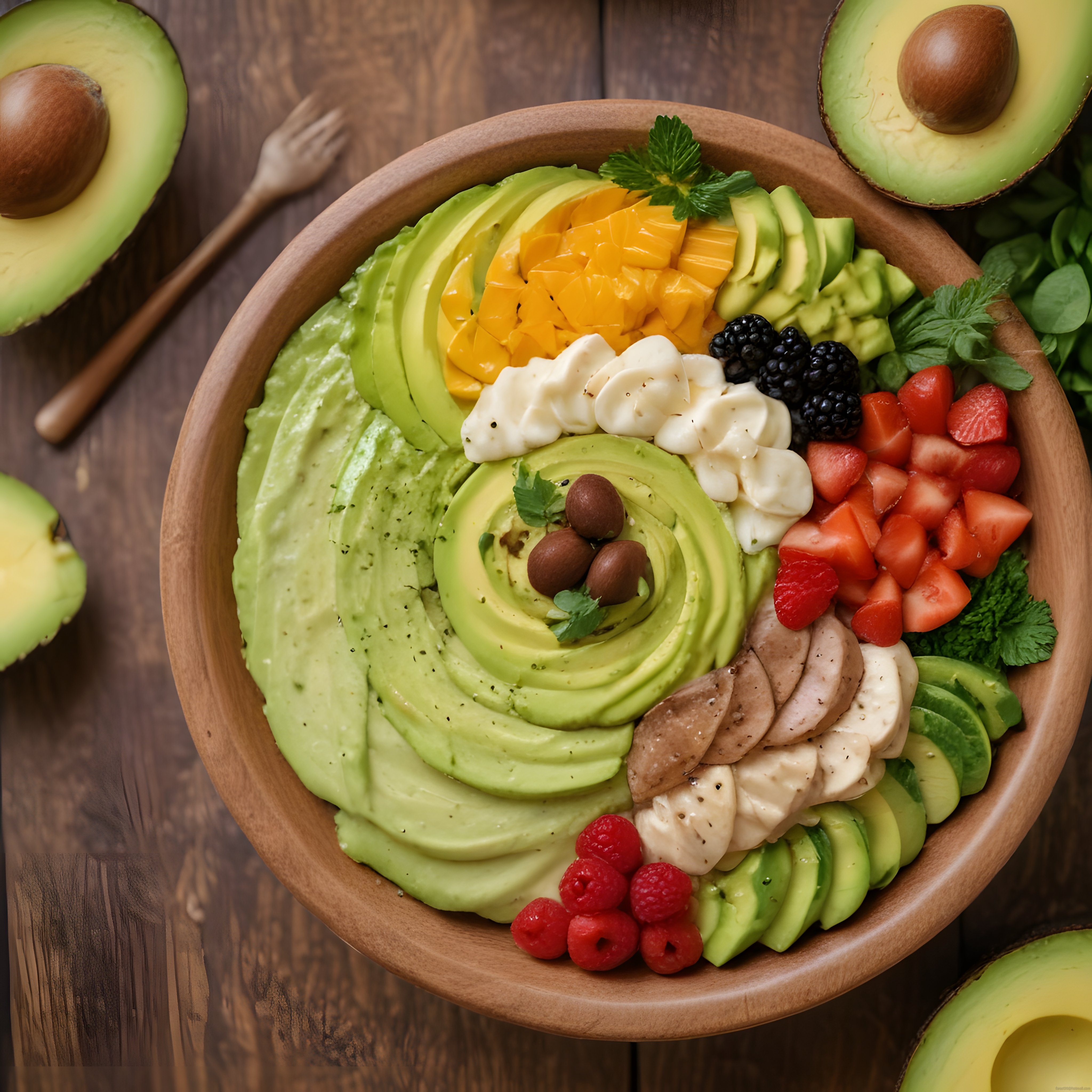 Avokado Dolgulu Ahşap Kase: Mango, Böğürtlen ve Mozzarellalı Sağlık Kasesi