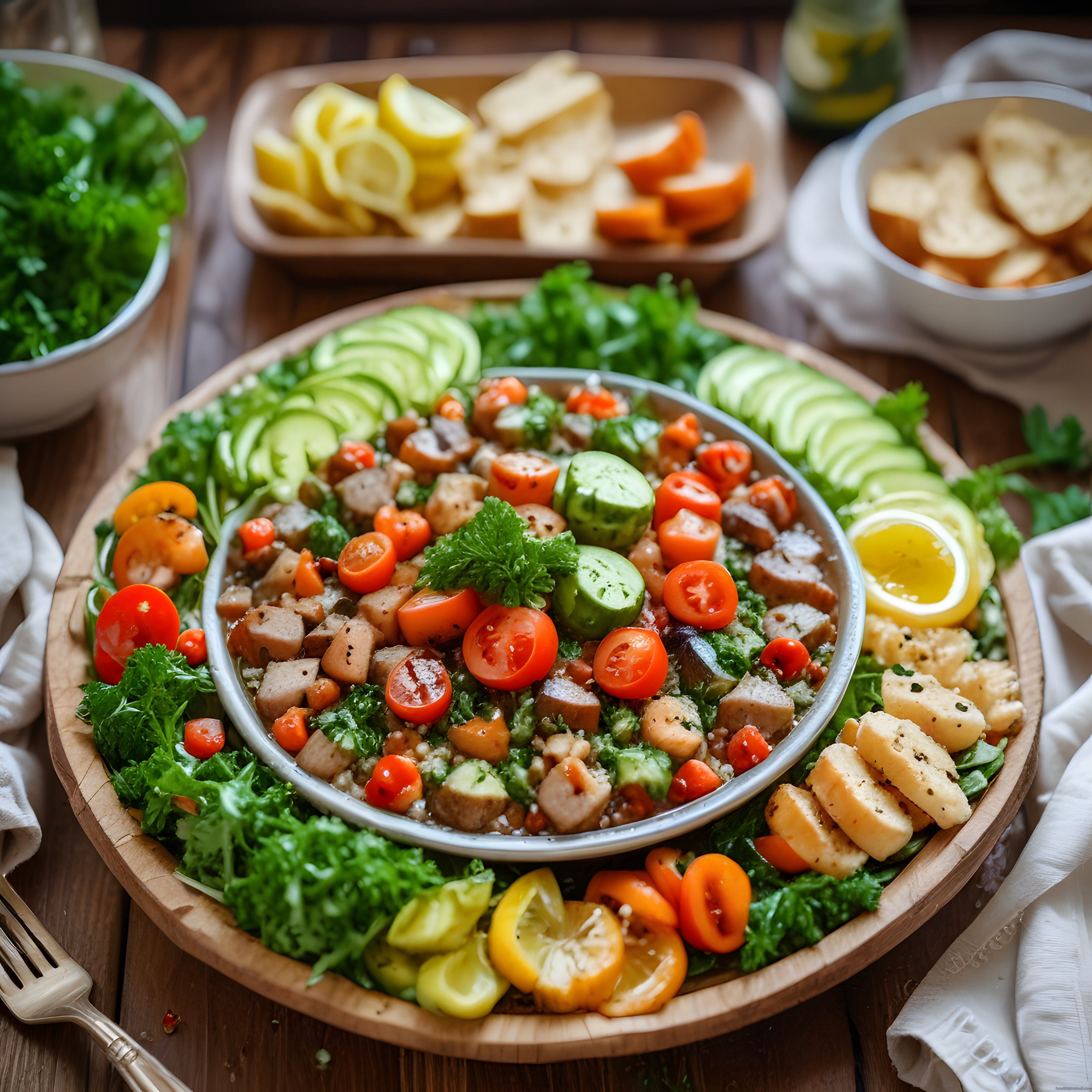 Avokado, Domates ve Peynirli Besleyici Salata Ahşap Sunum Tabağında