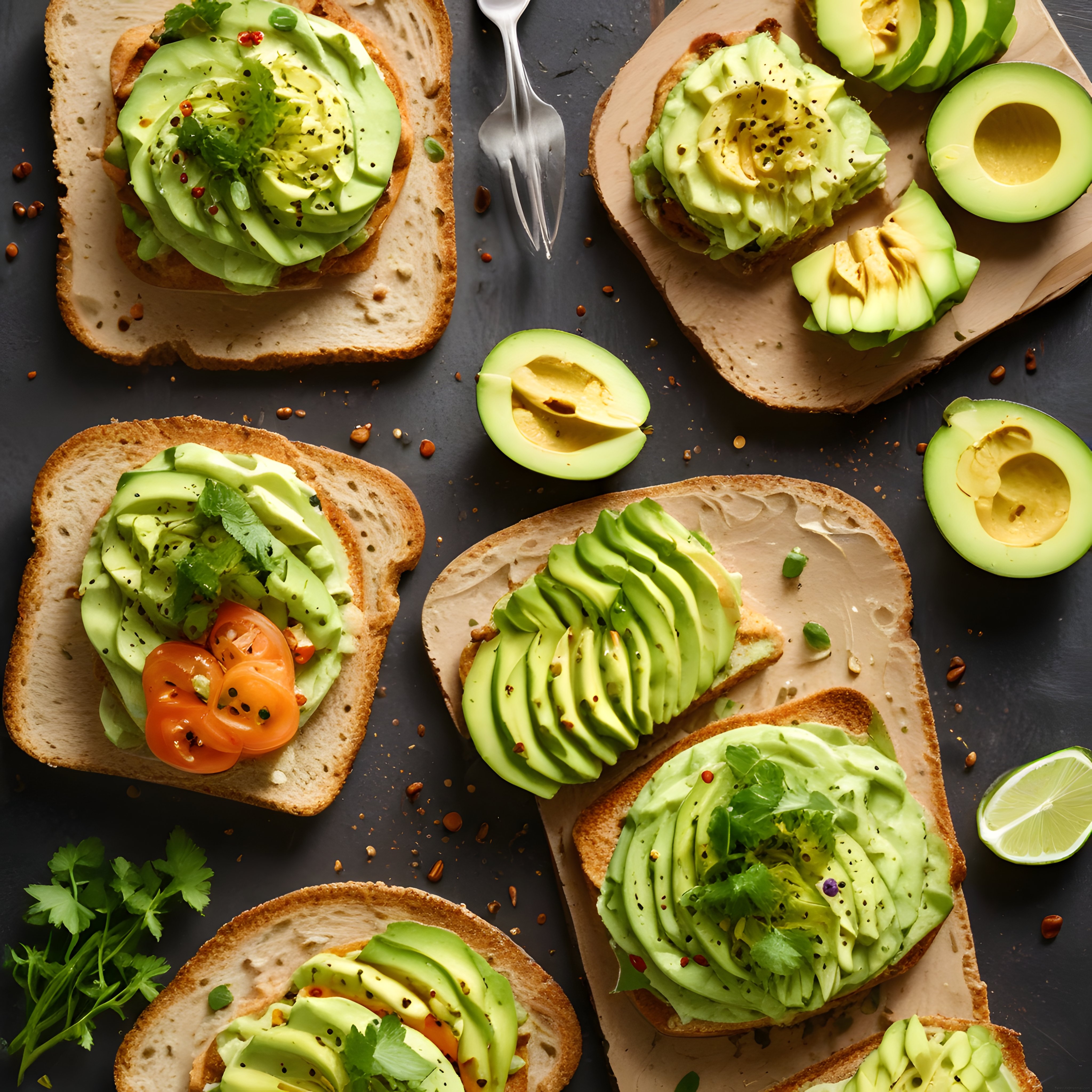 Avokado ezmesi ve dilim avokado sürülmüş tost dilimleri koyu zeminde