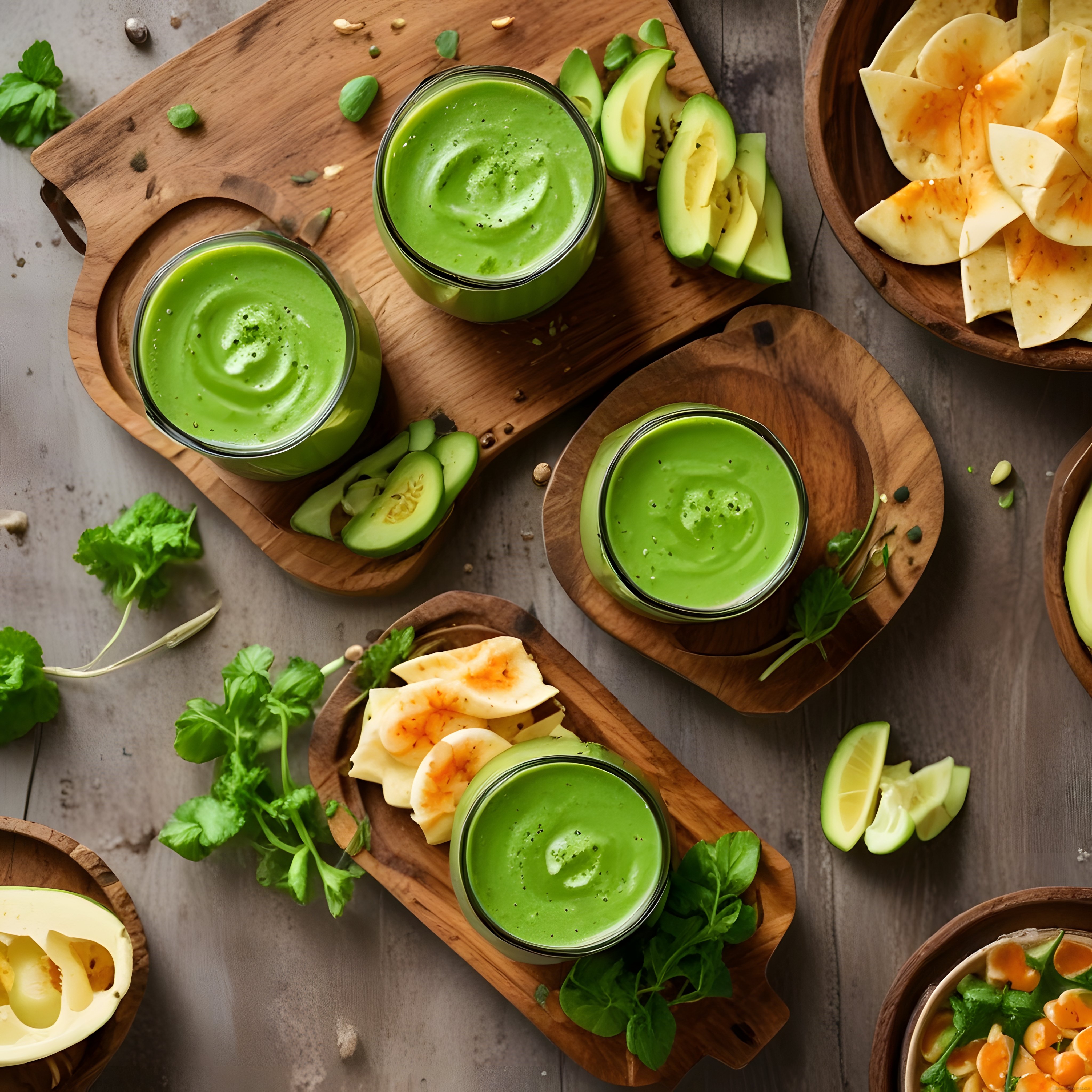 Avokado Guacamole Sosu, Tortilla Cipsi ve Taze Otlarla Organik Sunum