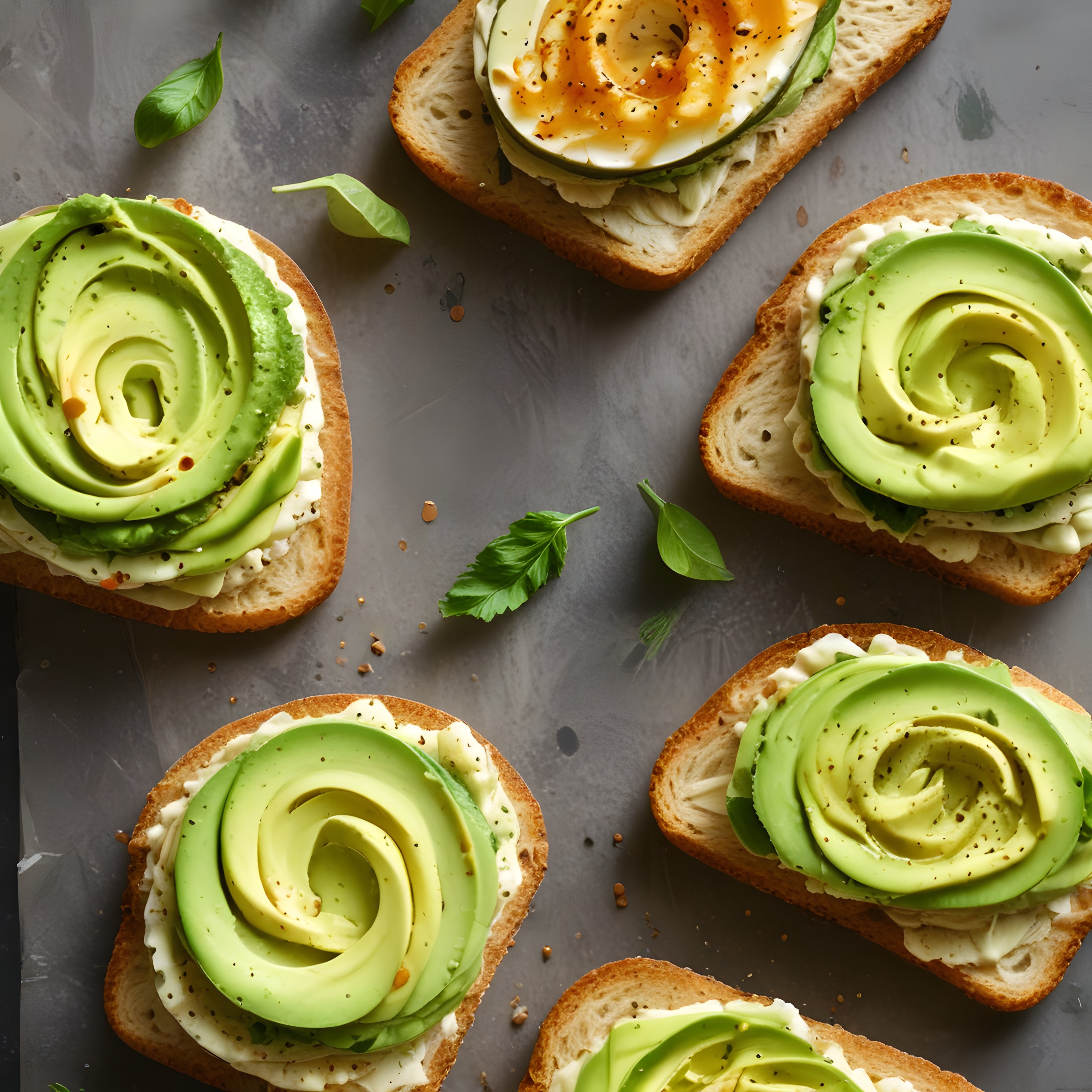 Avokado gülü süslü çıtır ekmek dilimleri ve yarım haşlanmış yumurtalı kahvaltı sunumu