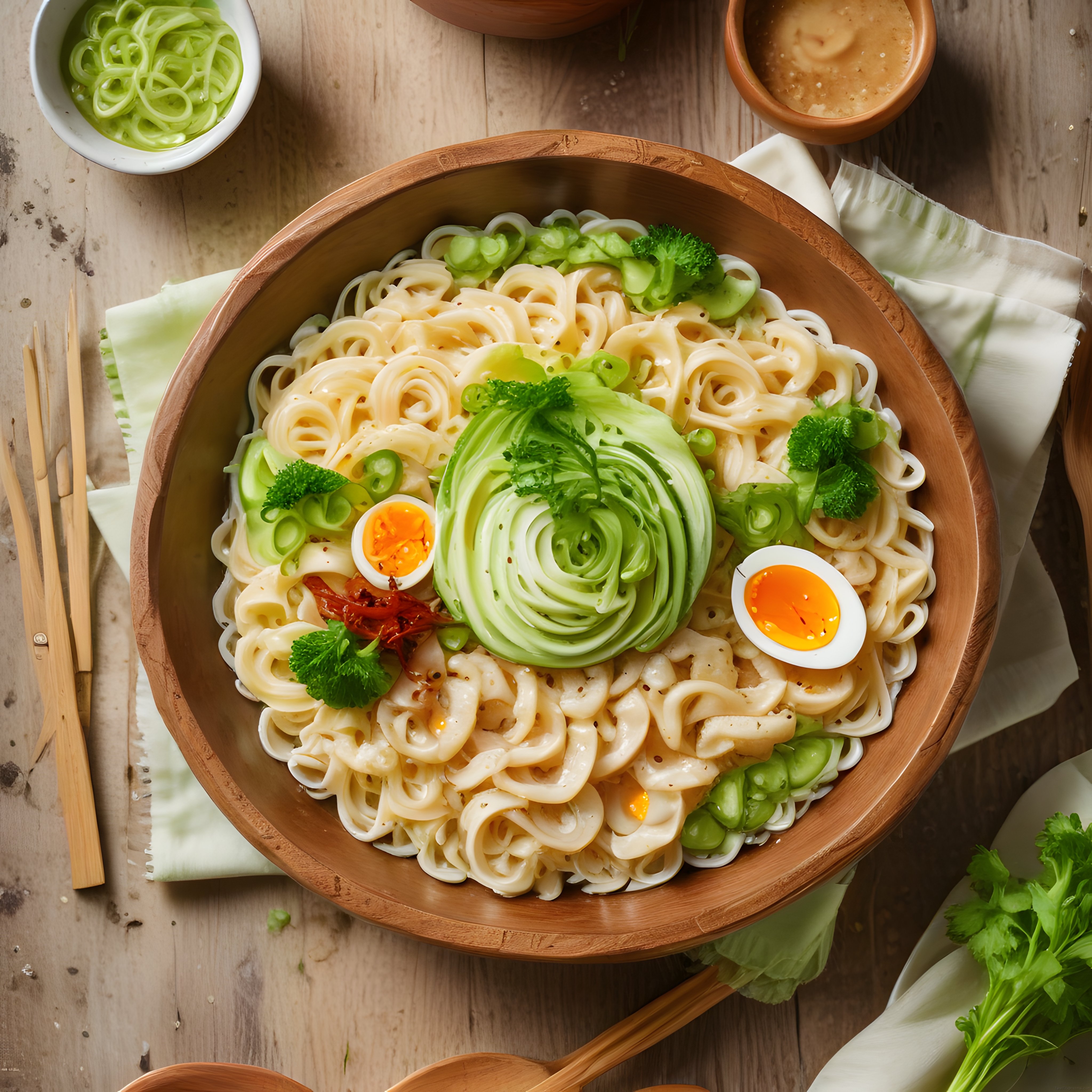 Avokado Gülü ve Yarım Haşlanmış Yumurtalı Asya Noodle Kasesi