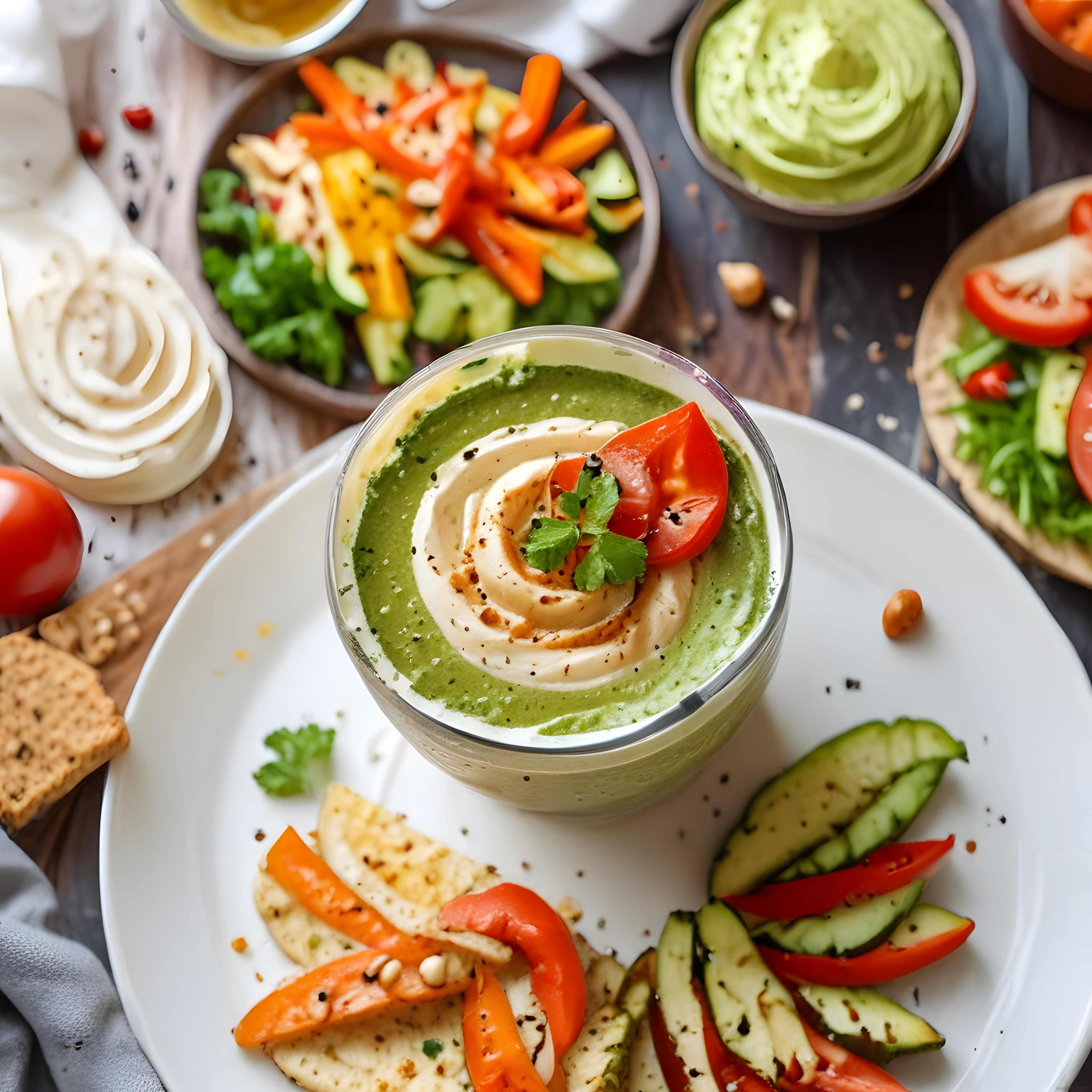 Avokado Kaplı Humus Kasesi ve Renkli Sebzelerle Sağlıklı Masa Sunumu