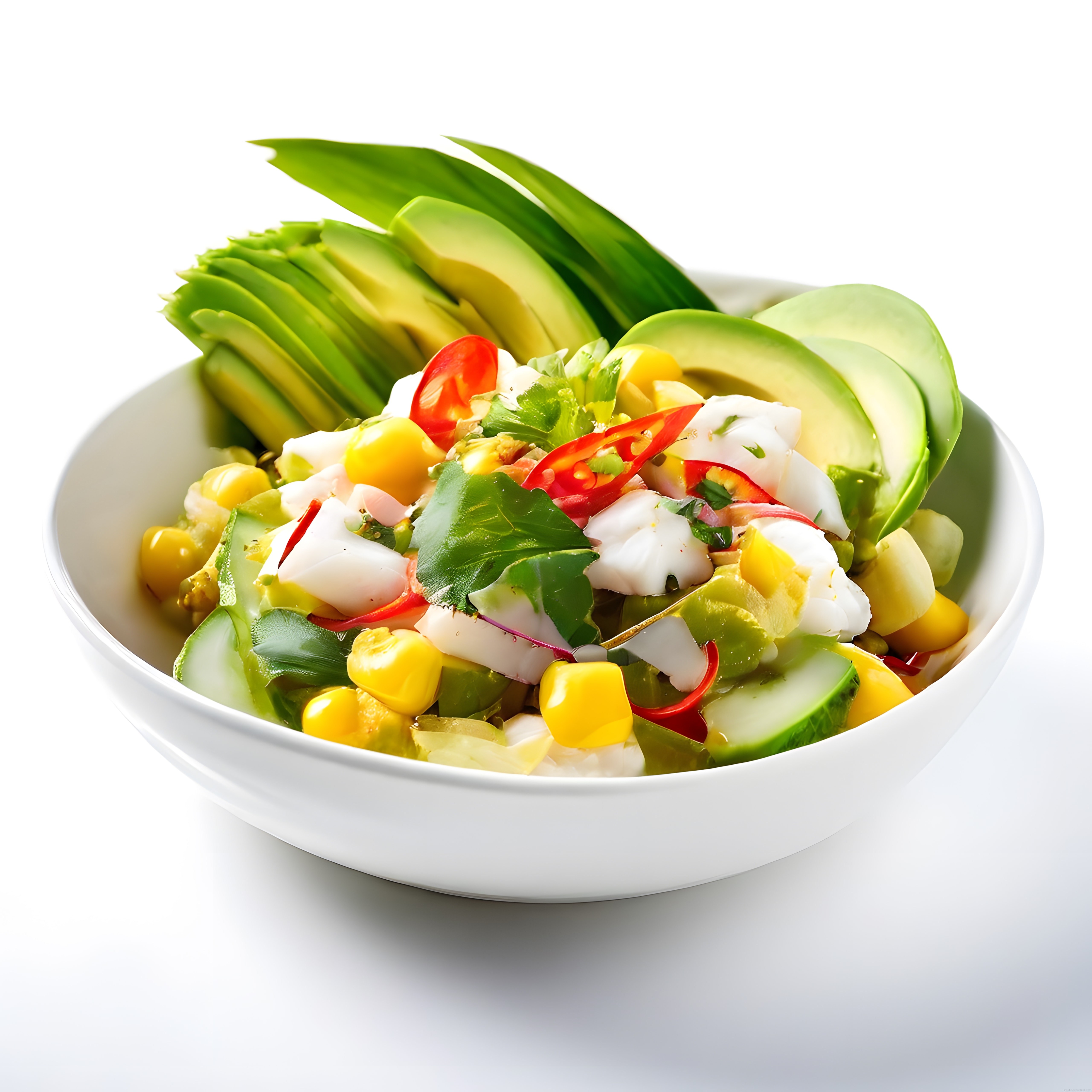 Avokado Mısır Salatalık ve Biberle Süslenmiş Taze Deniz Ürünü Bowl Salatası