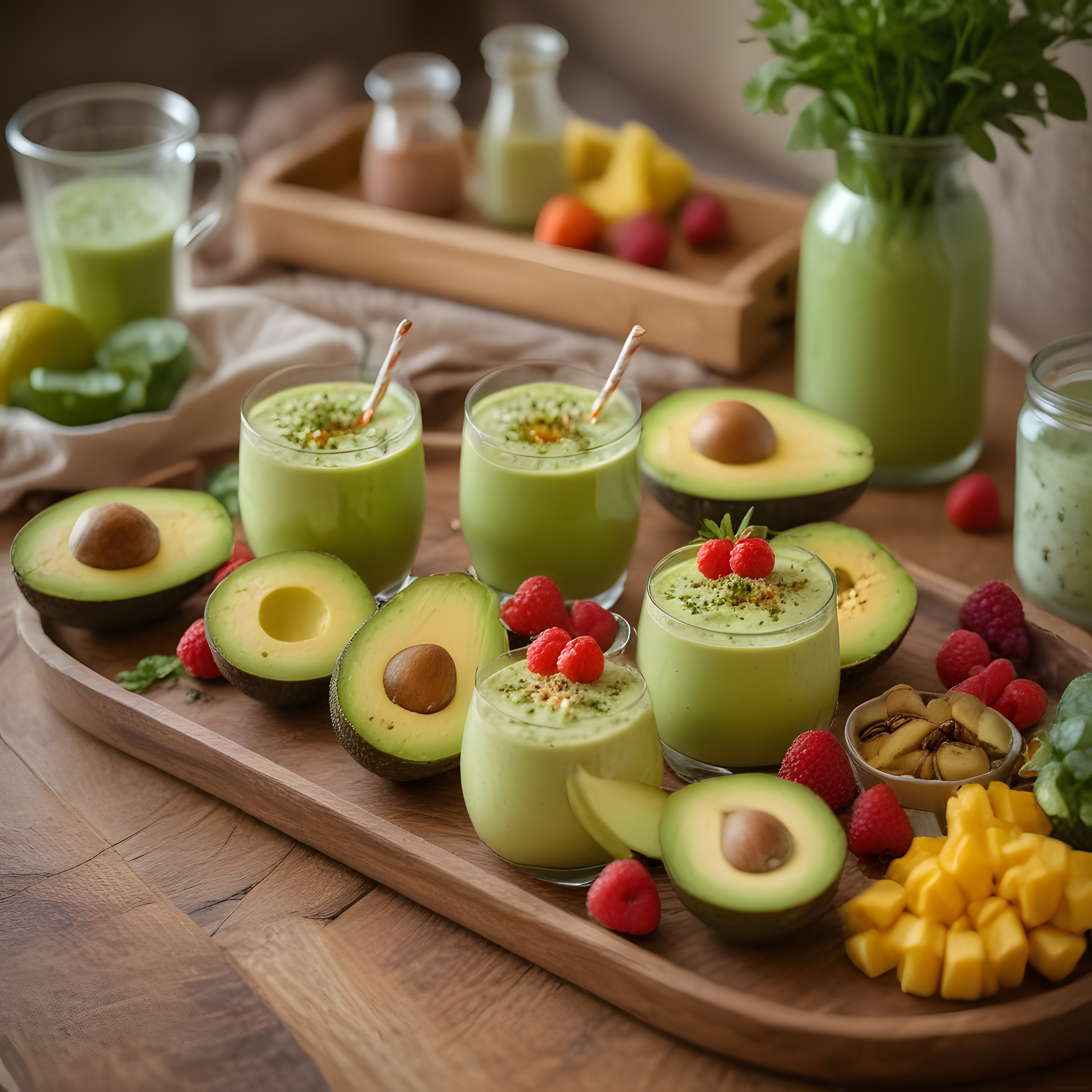 Avokado Smoothie ve Tropikal Meyvelerle Renkli Sağlıklı Kahvaltı Masası
