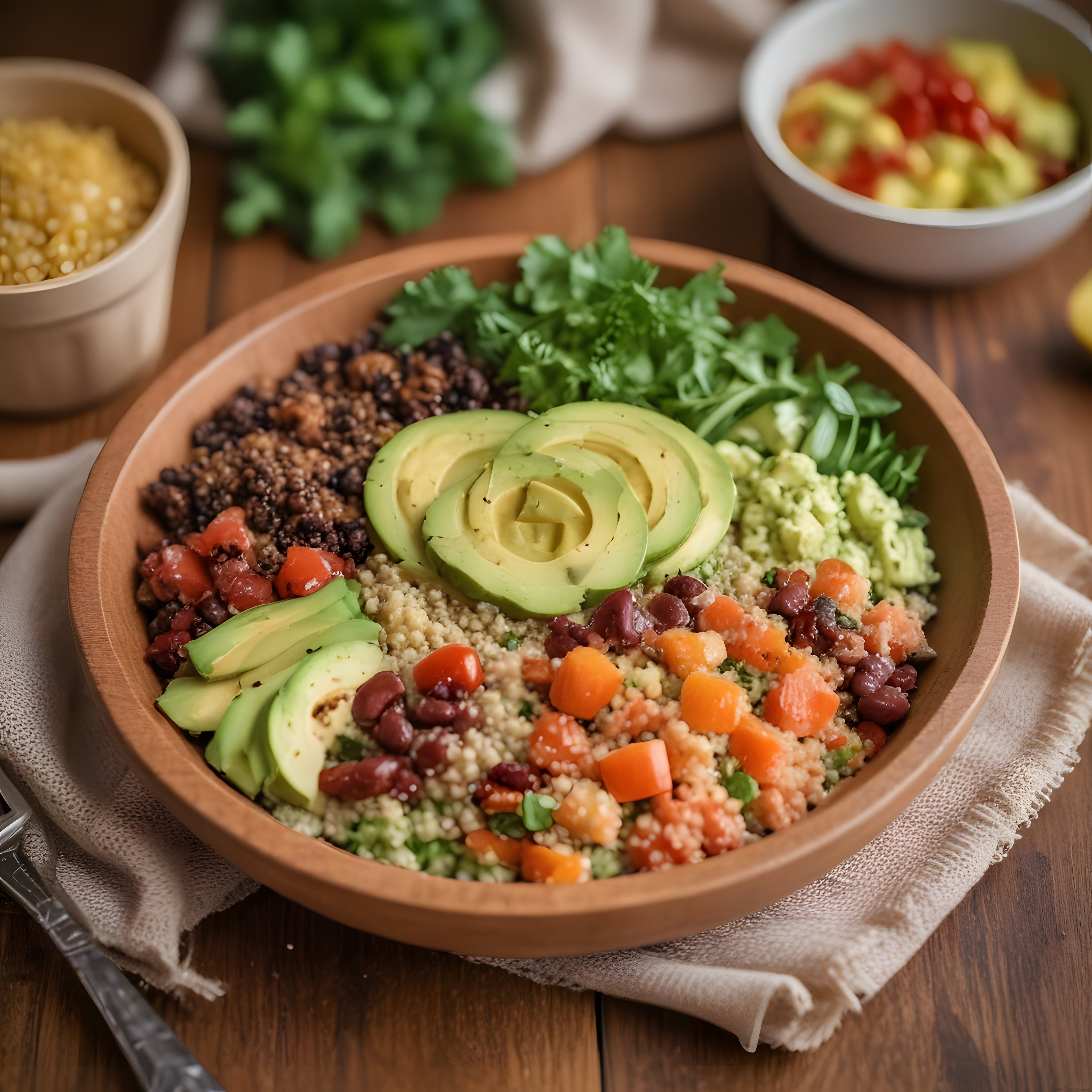 Avokado süslemeli renkli kinoa bowl: sağlıklı ve besleyici vegan öğün