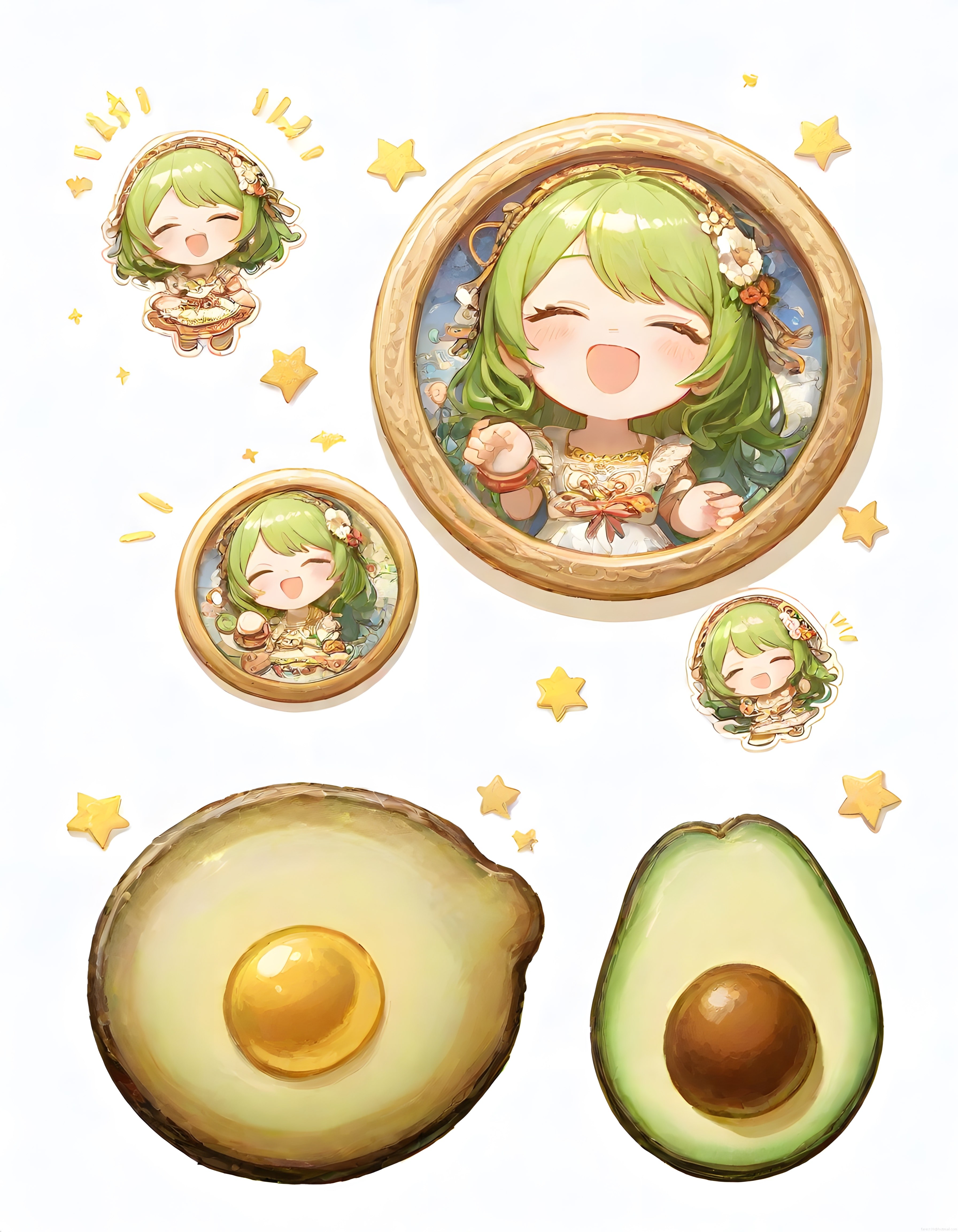 Avokado Temalı Neşeli Yeşil Saçlı Chibi Kız Pastel Dijital Sanat Çalışması