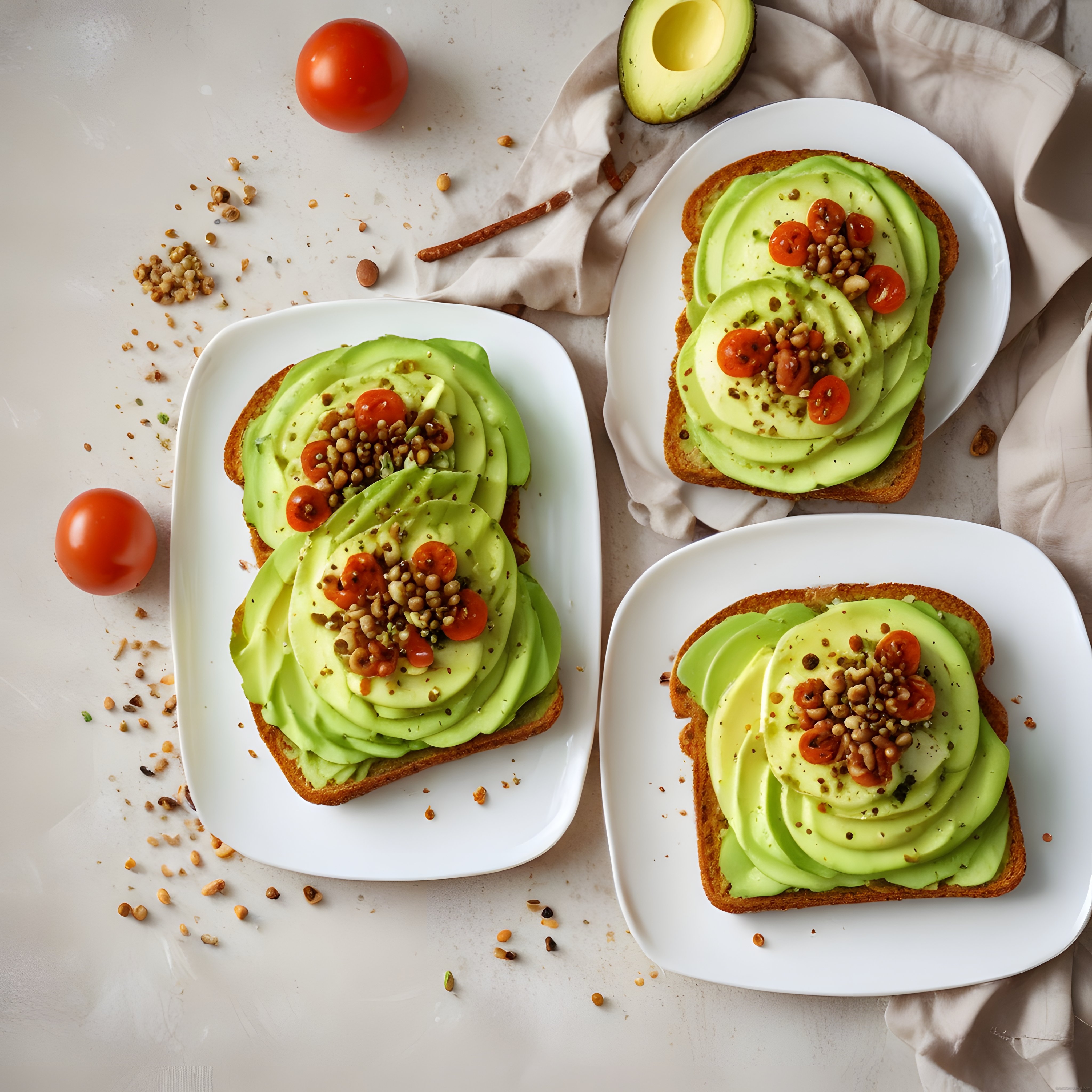 Avokado Toast Üçlüsü: Taze Domates ve Tohumlarla Kahvaltı Sofrası