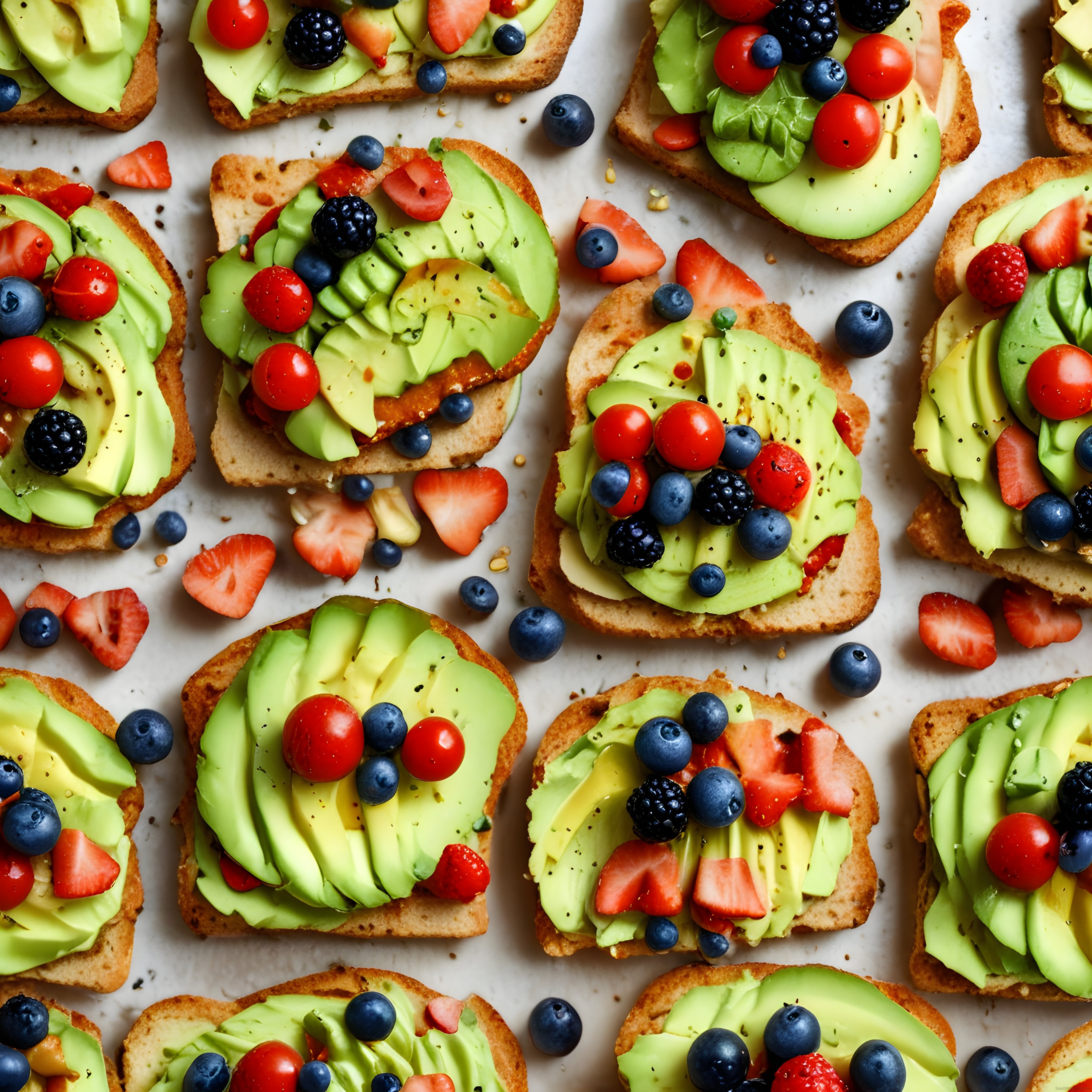 Avokado toast üzerinde taze orman meyveleri: Sağlıklı ve renkli kahvaltı sunumu