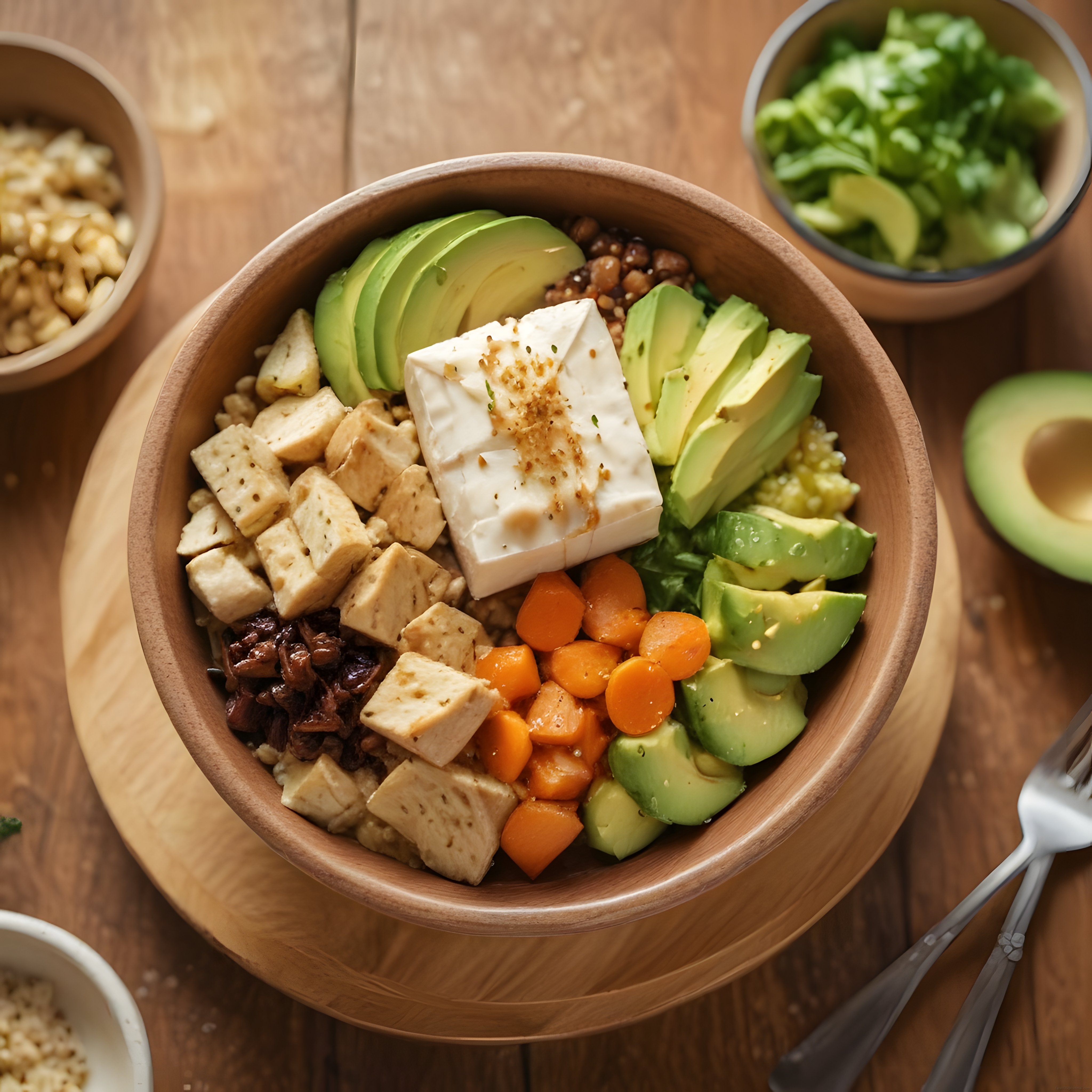 Avokado Tofu ve Beyaz Peynirli Sağlıklı Vegan Buddha Kase Sunumu