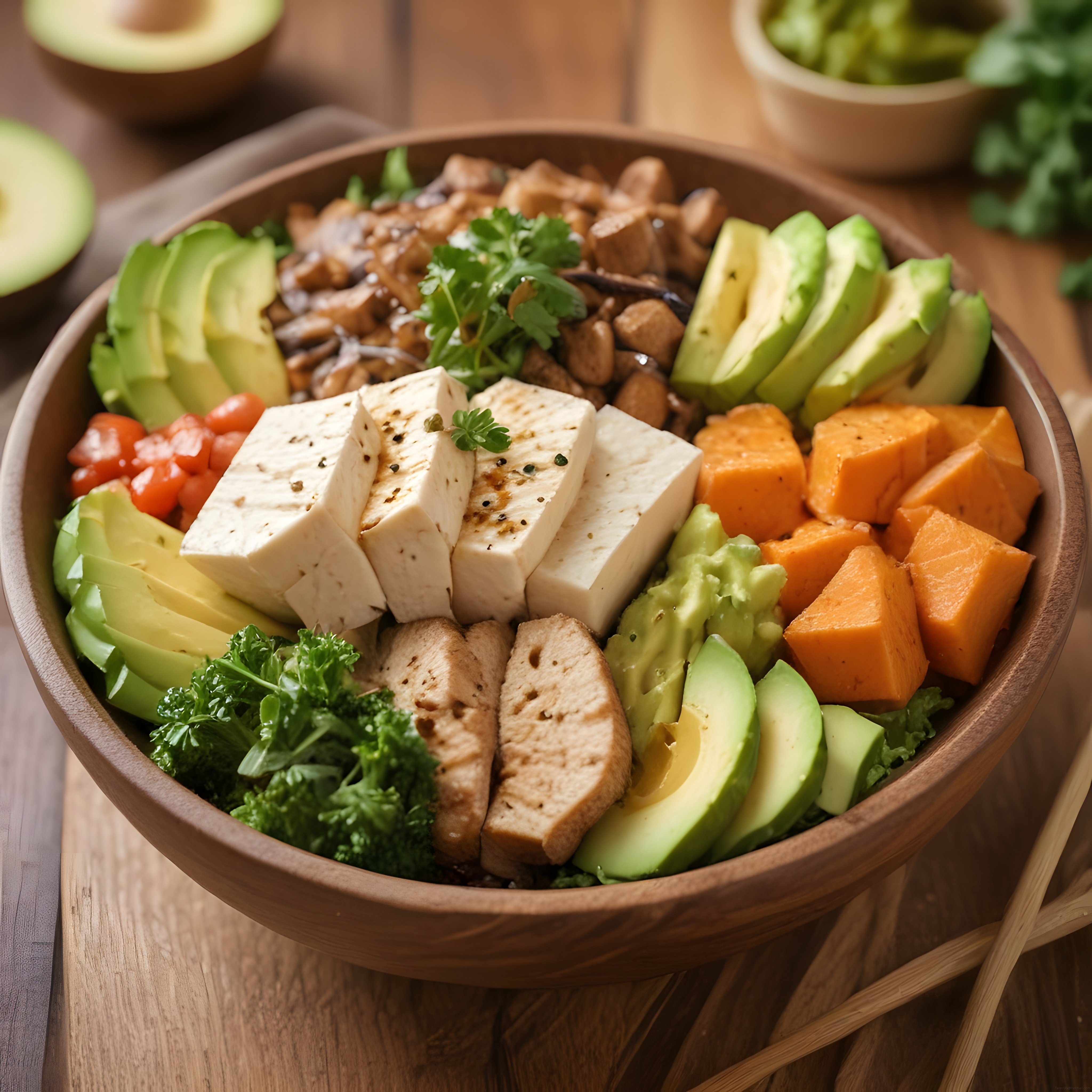Avokado Tofu ve Tatlı Patatesli Renkli Sağlıklı Buddha Bowl Kasesi