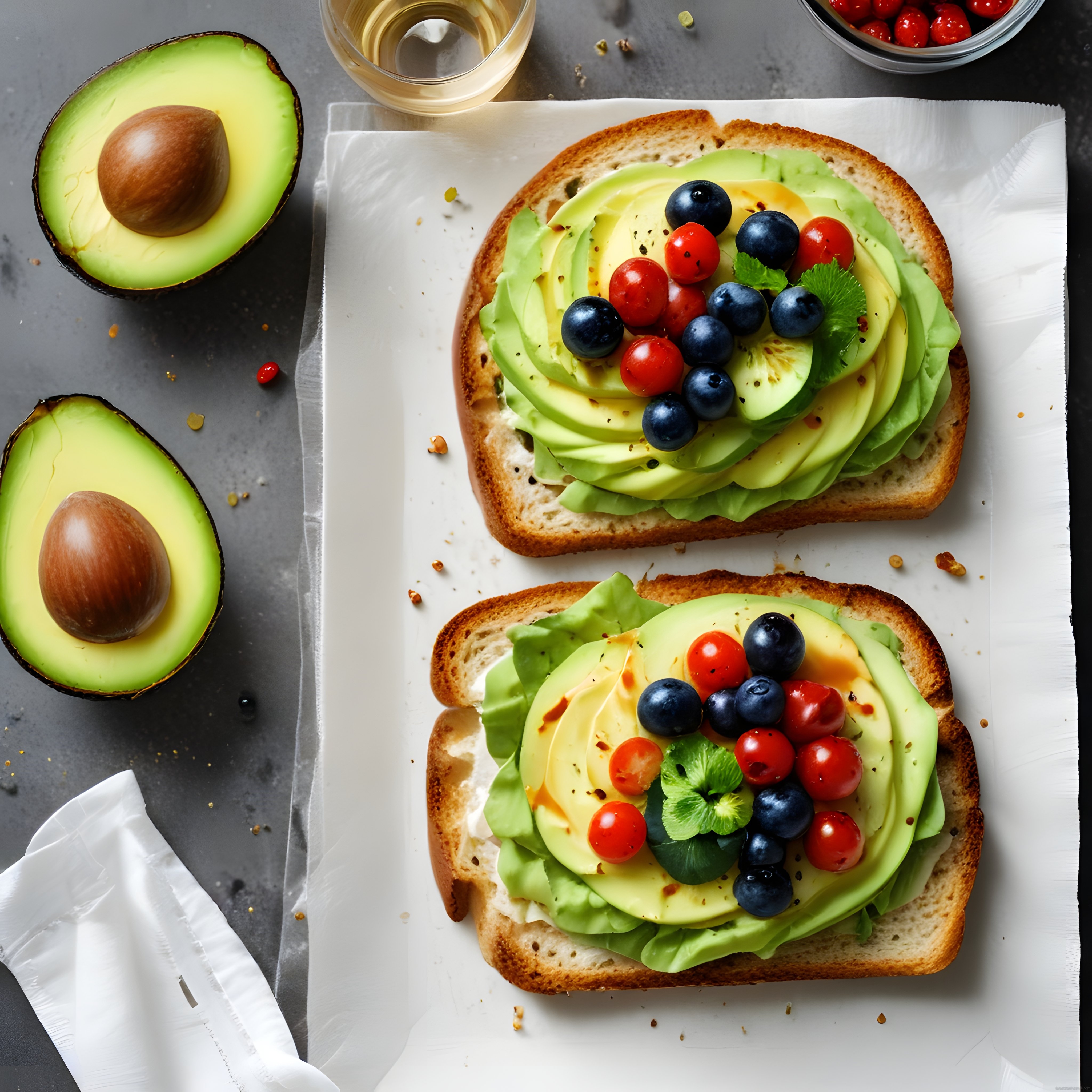 Avokado Tost Üzerinde Yaban Mersini ve Domatesle Renkli Kahvaltı Sunumu