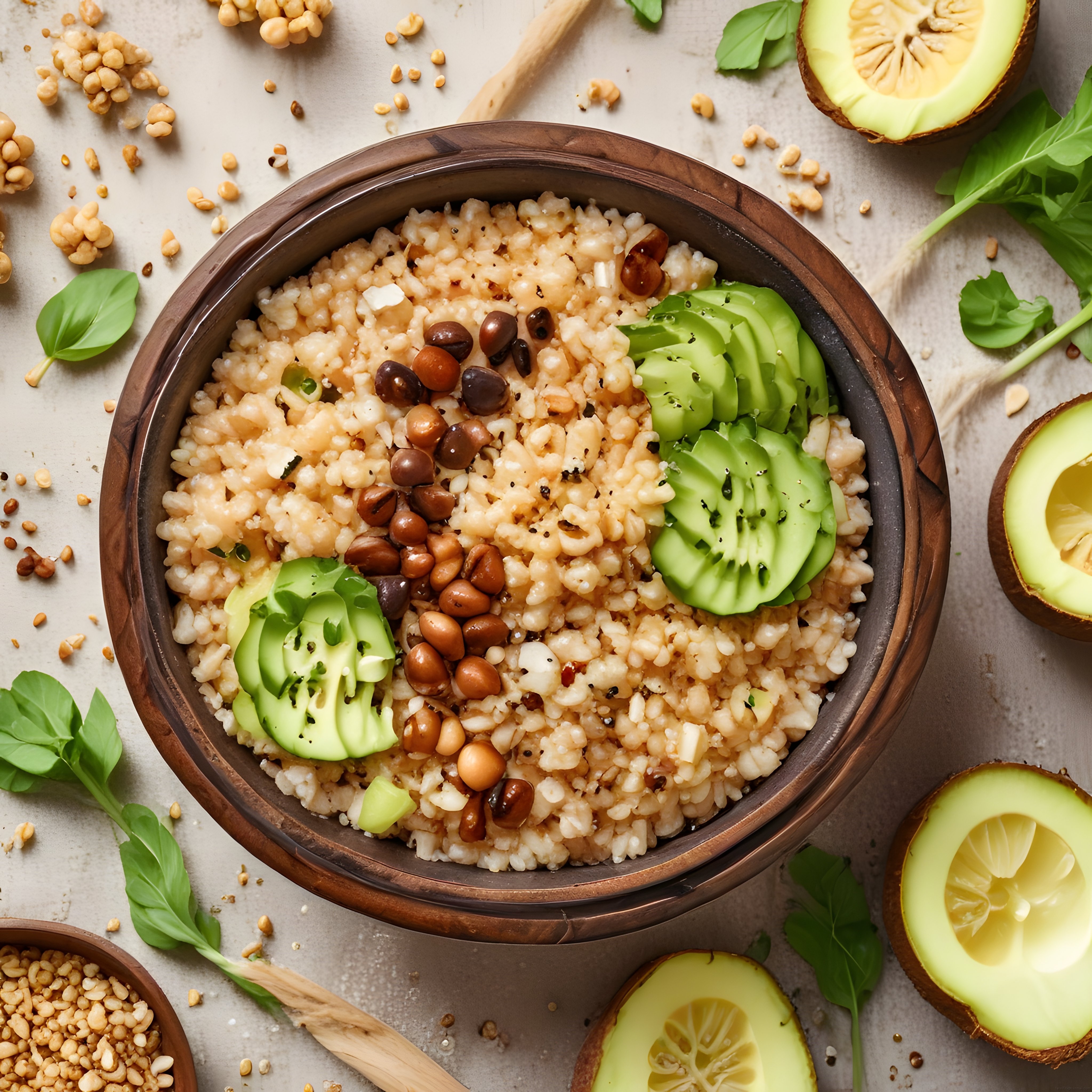 Avokado ve Bakliyatlı Vegan Kase: Sağlıklı Pirinç Yemeği Üstten Görünüm