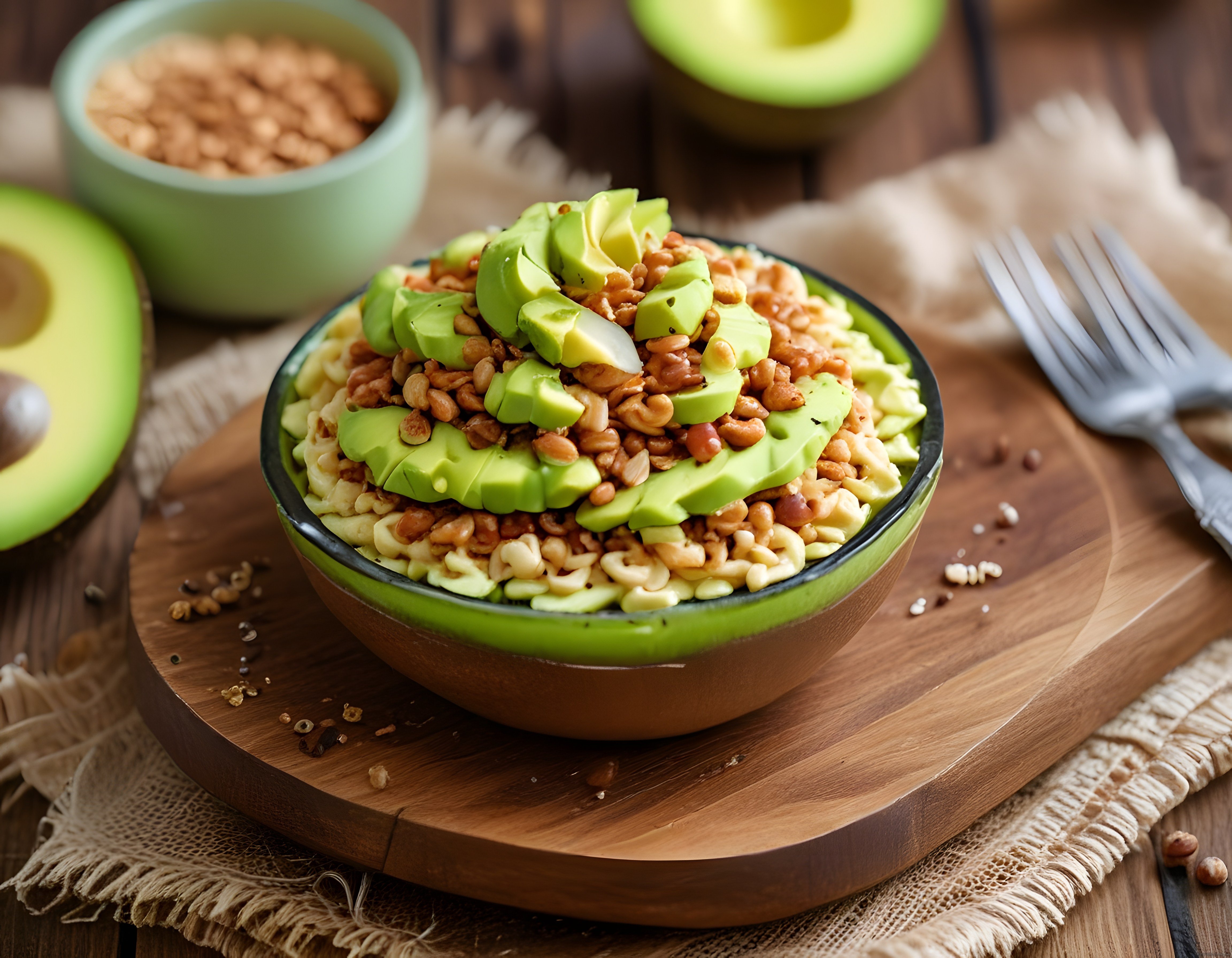 Avokado ve Kavrulmuş Tahıllı Nefis Sağlıklı Vegan Kase Sunumu