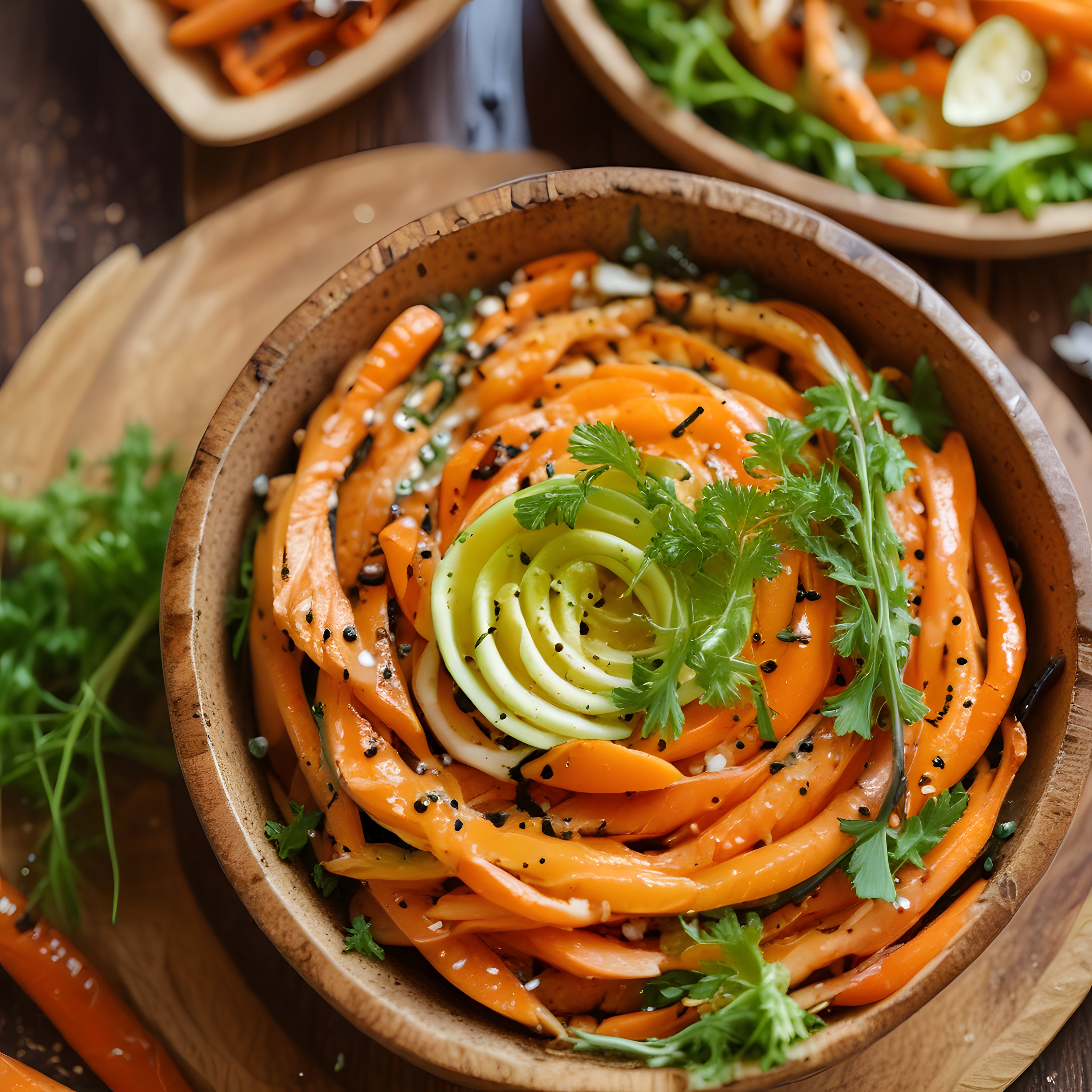 Avokado ve Kişniş ile Süslenmiş Renkli Havuç Salatası Sunumu