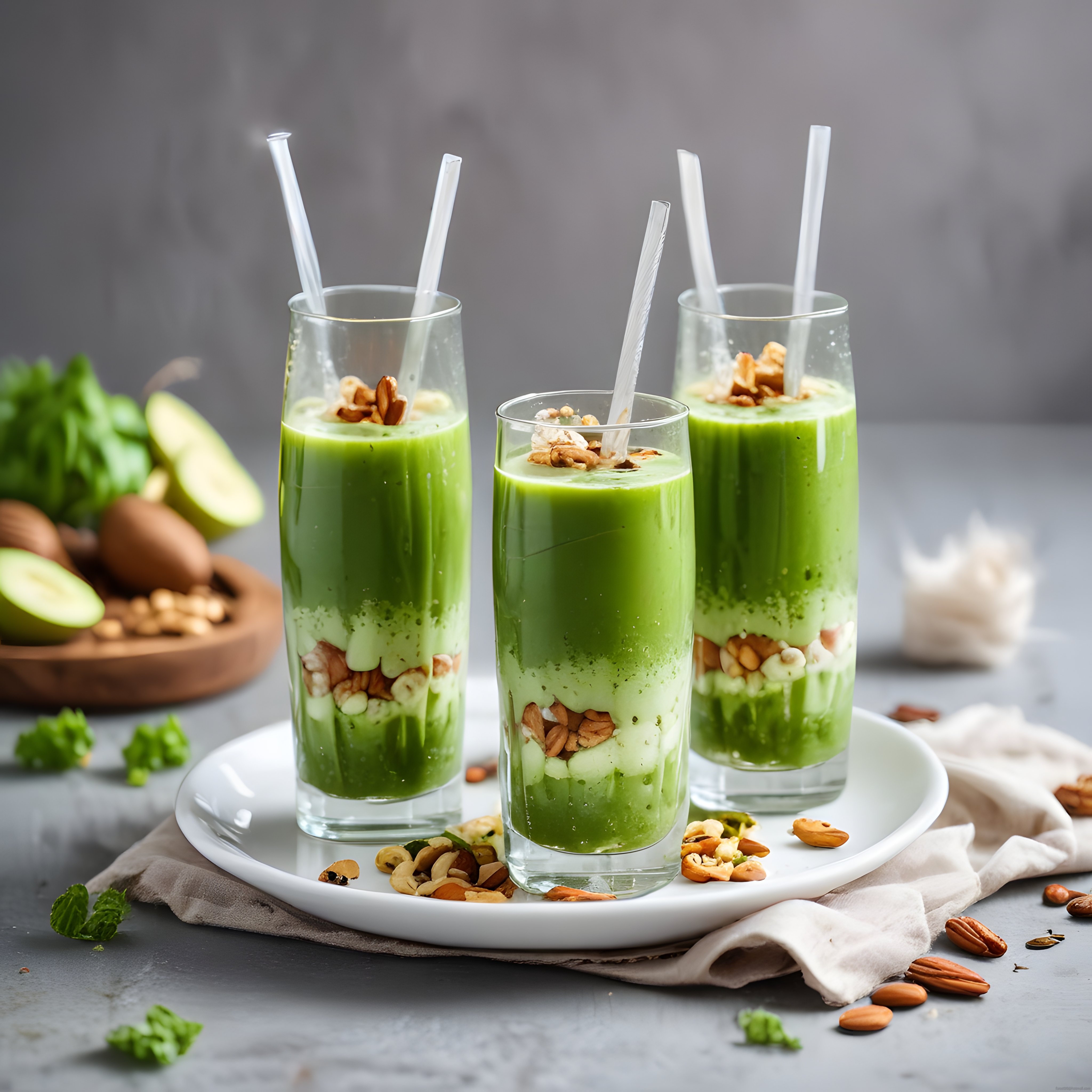 Avokado ve Kuruyemişli Sağlıklı Yeşil Smoothie Bardakları ile Besleyici Sunum