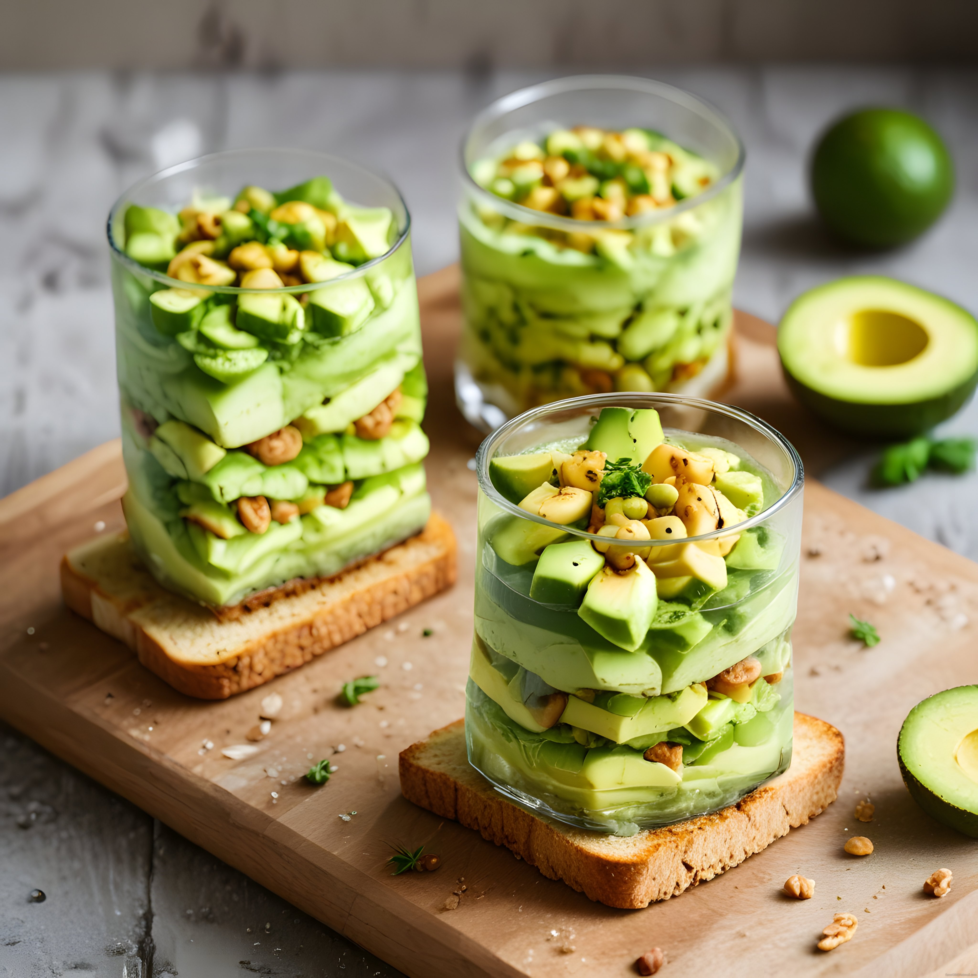 Avokado ve nohutlu katmanlı bardak servisi ekmek üzerinde