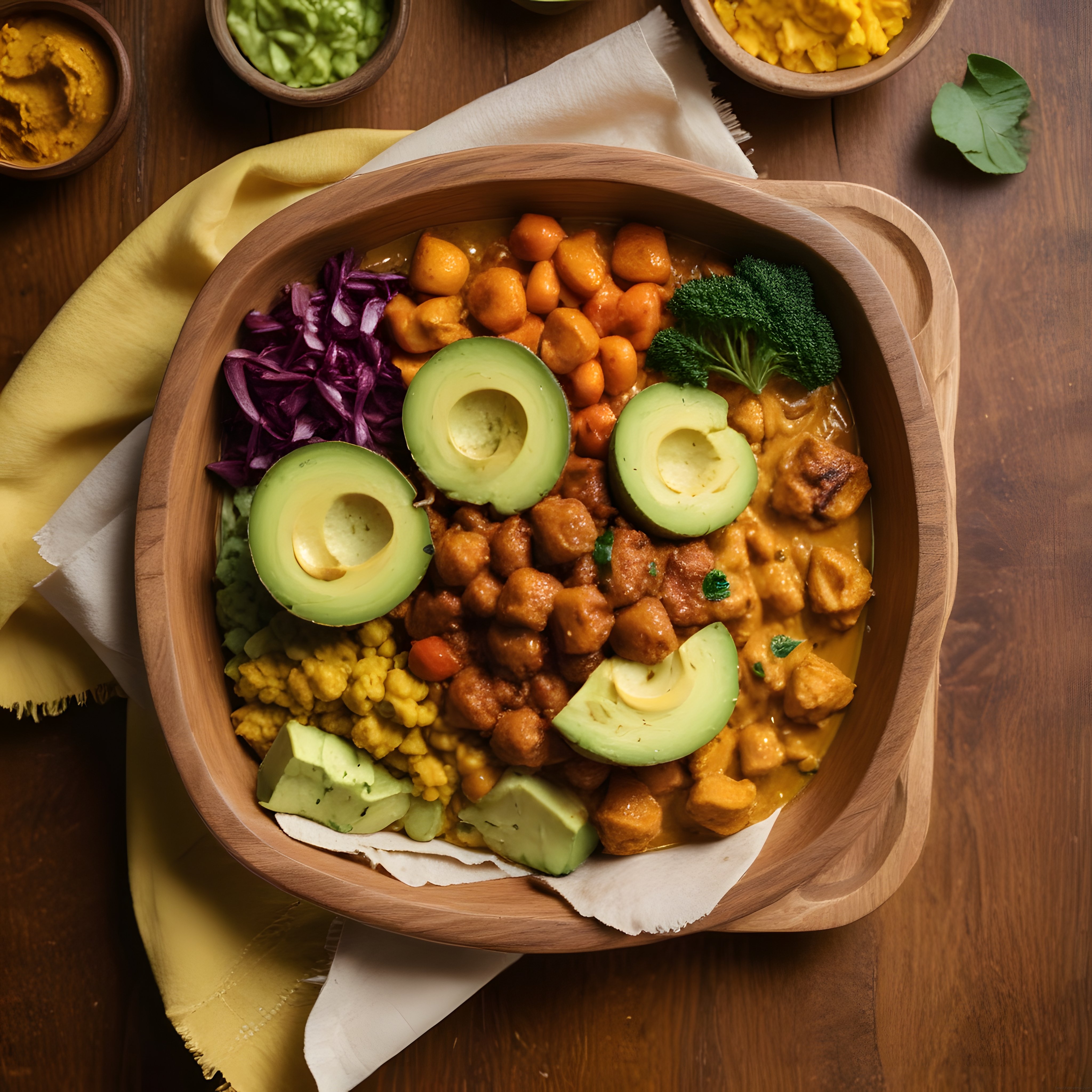Avokado ve Nohutlu Renkli Vegan Bowl: Doğal Ahşap Sunumda Sağlıklı Öğün