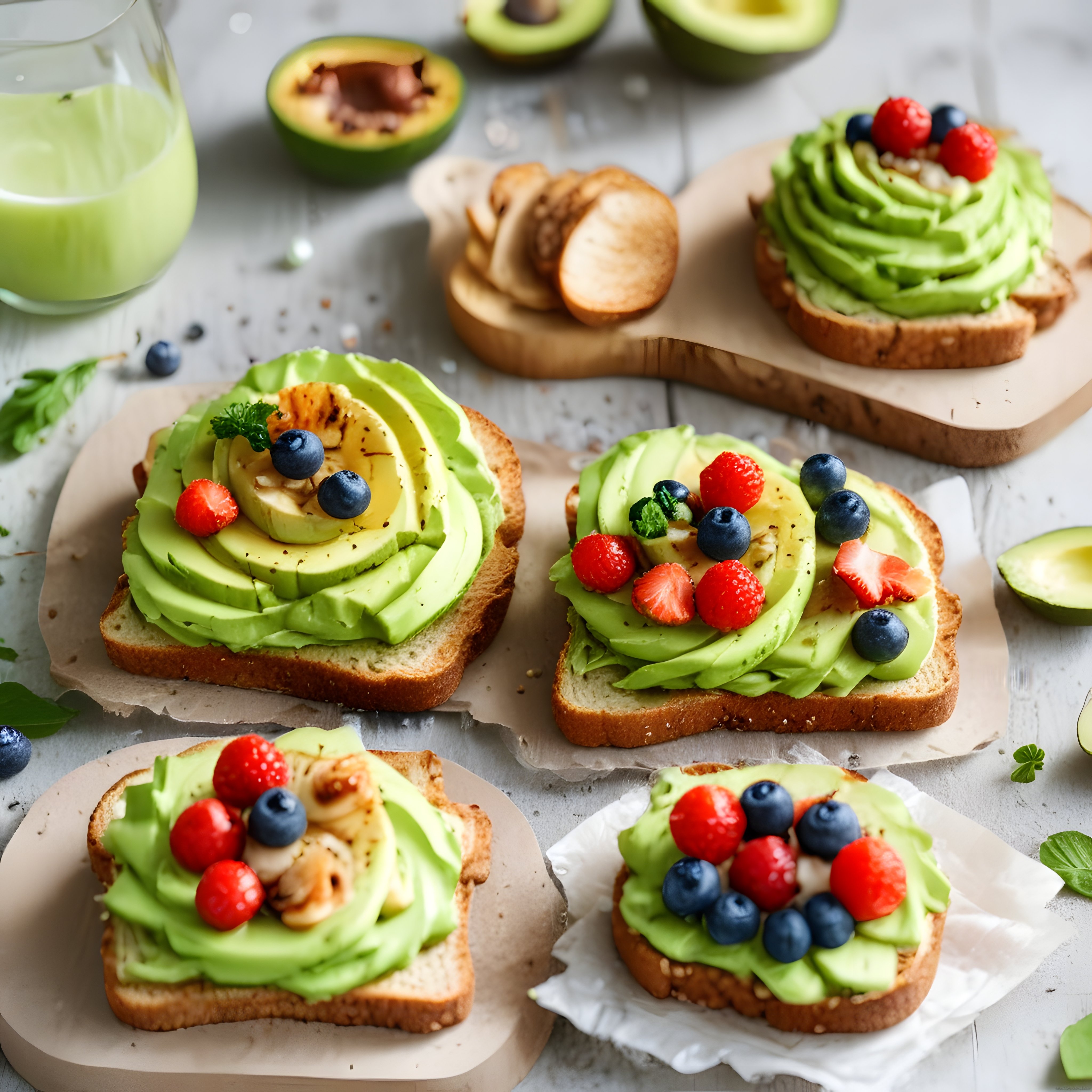 Avokado ve orman meyveli tostlarla hazırlanan sağlıklı kahvaltı tabağı