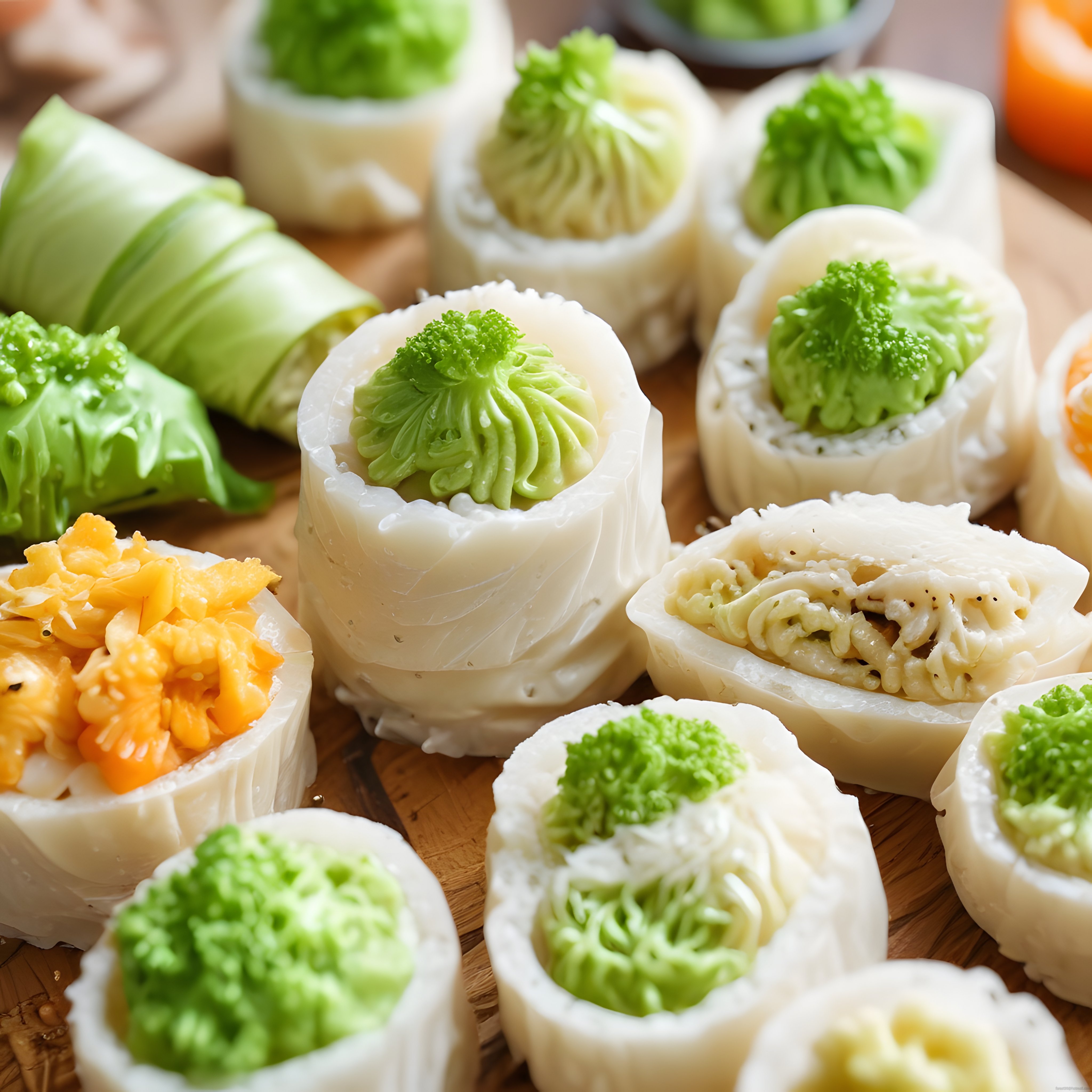 Avokado ve özel soslarla süslenmiş renkli sushi ruloları yakın çekimde