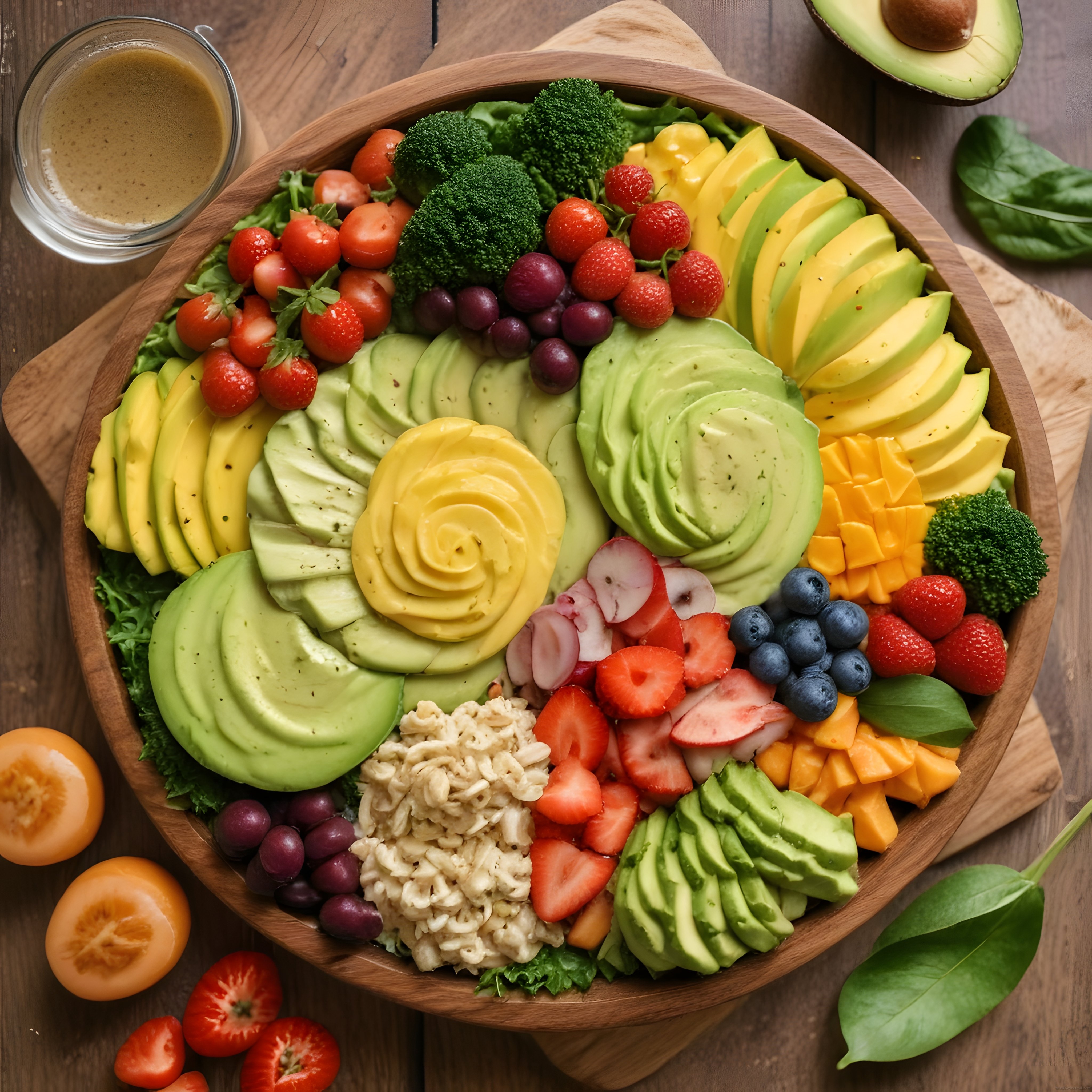 avokado ve taze meyvelerle hazırlanan renkli sağlıklı salata kasesi
