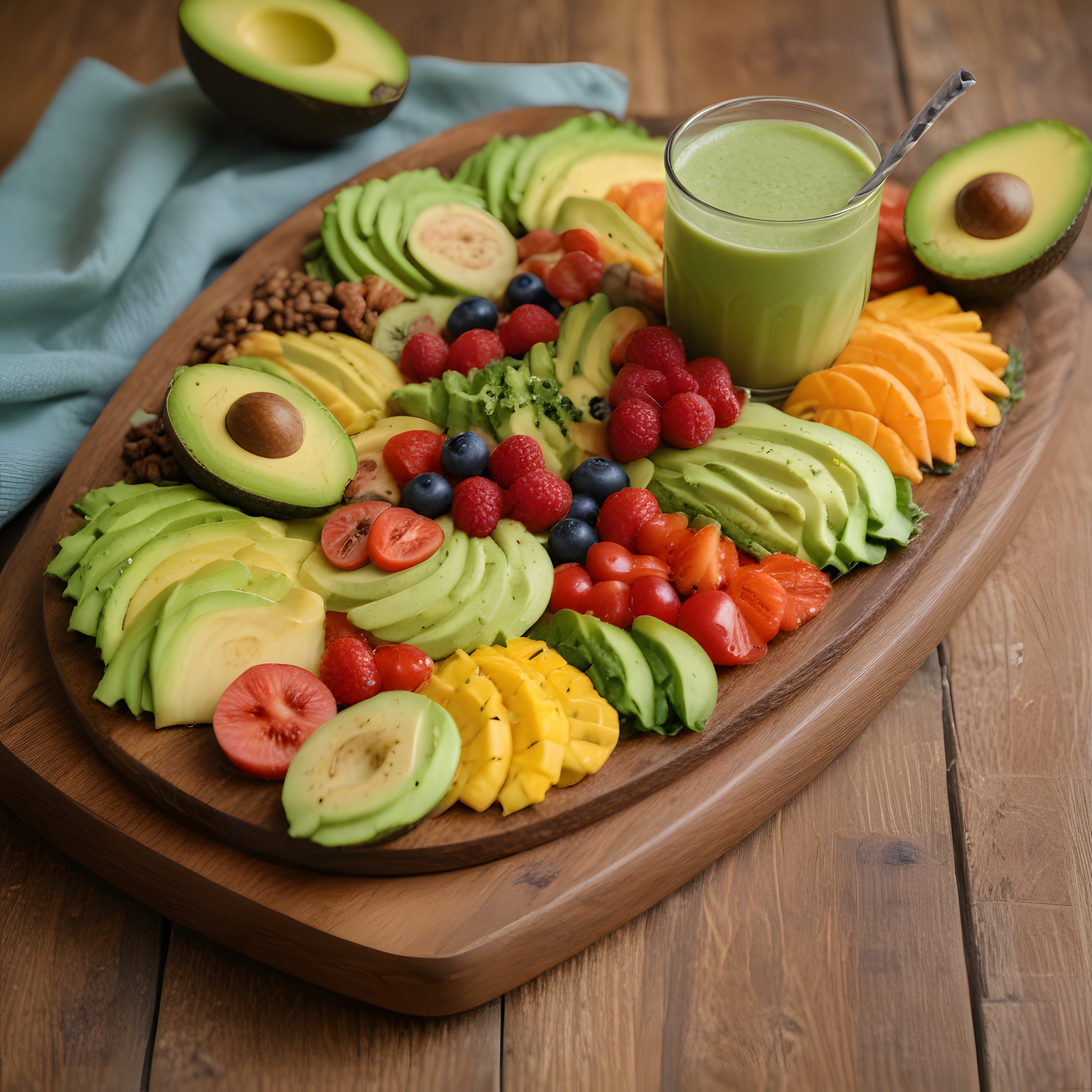 Avokado ve Taze Meyveli Renkli Kahvaltı Tabağı ile Yeşil Smoothie