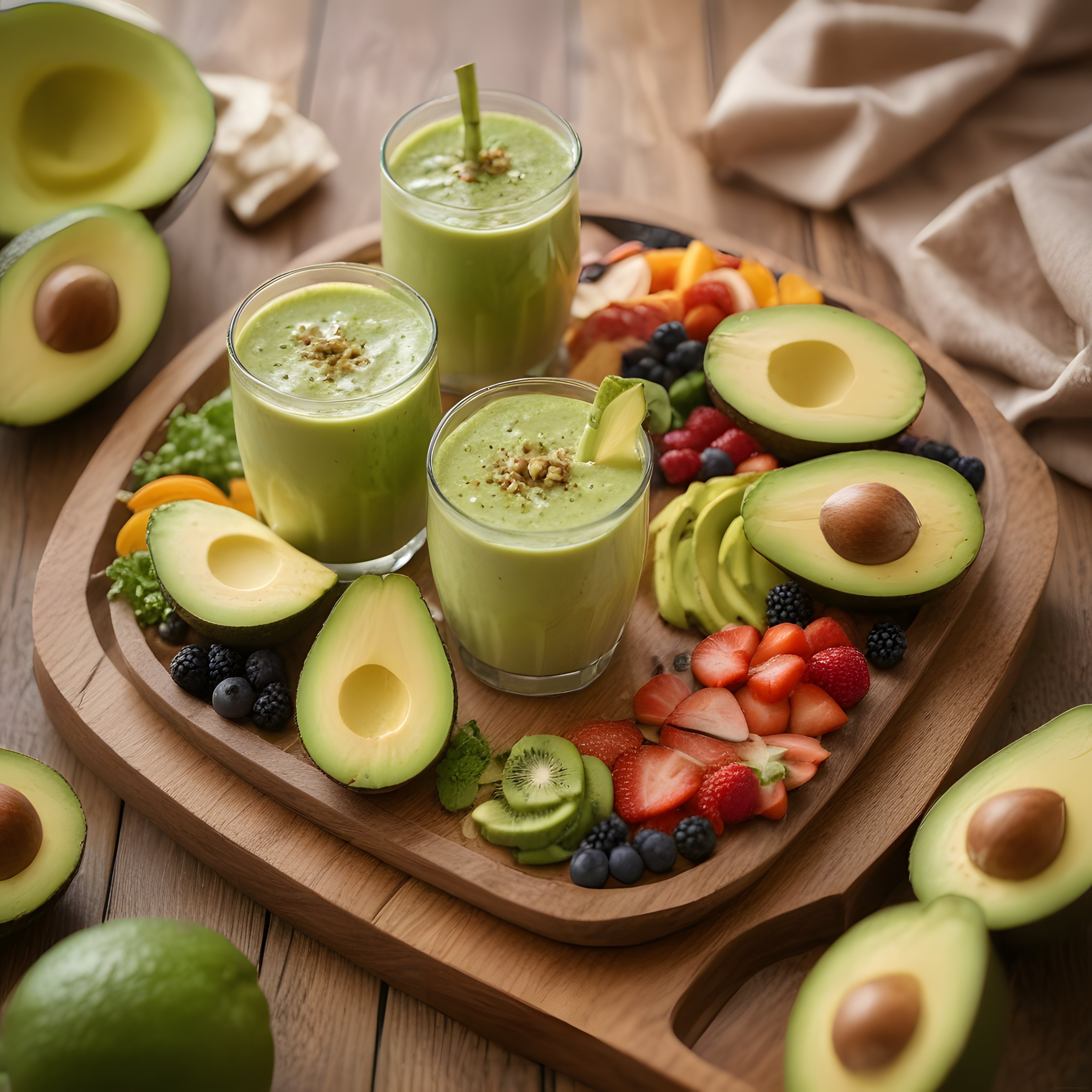 Avokado ve Taze Meyveli Sağlıklı Smoothie Sunumu: Renkli ve Lezzetli