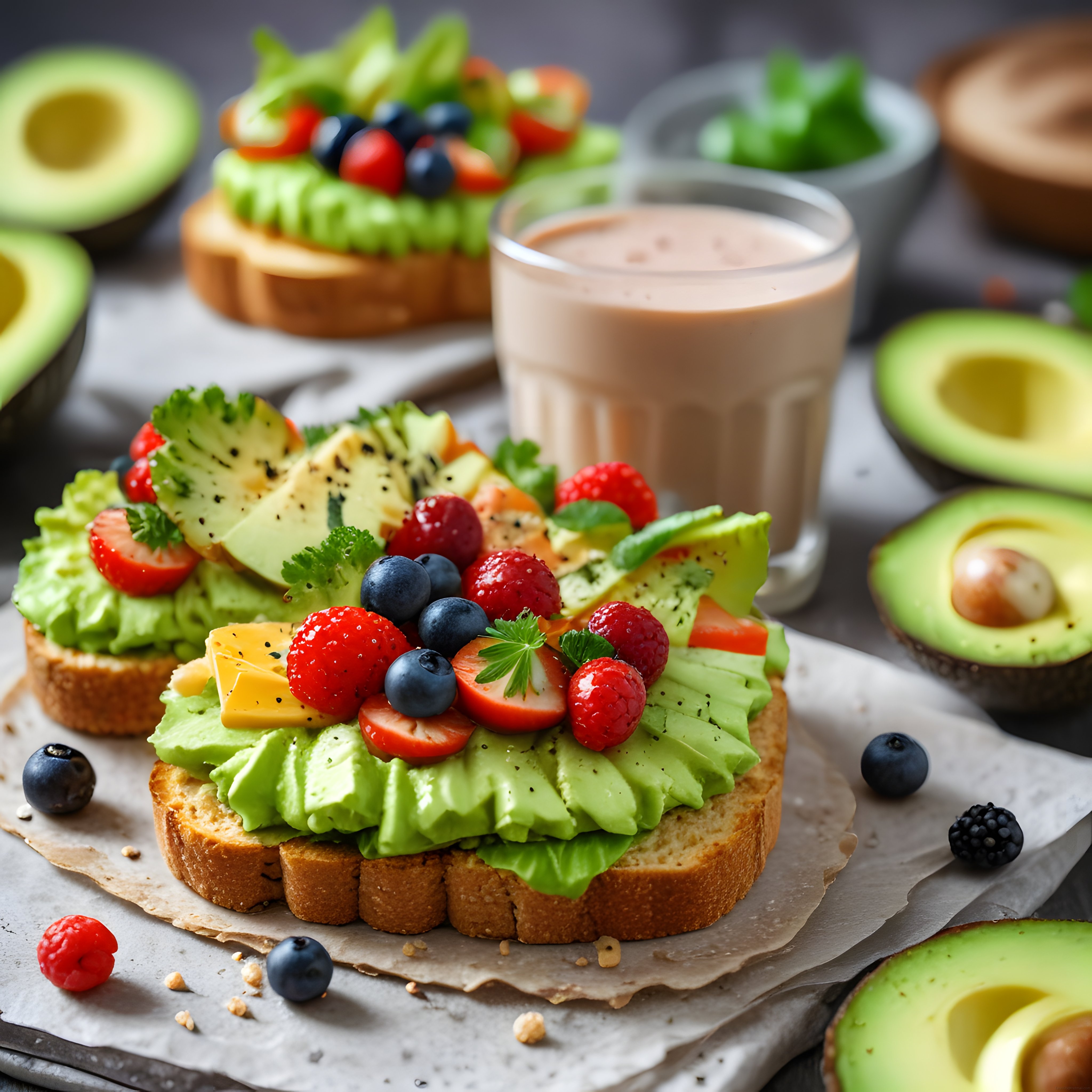Avokado ve Taze Orman Meyveli Fit Kahvaltı Tabağı ile Smoothie Sunumu