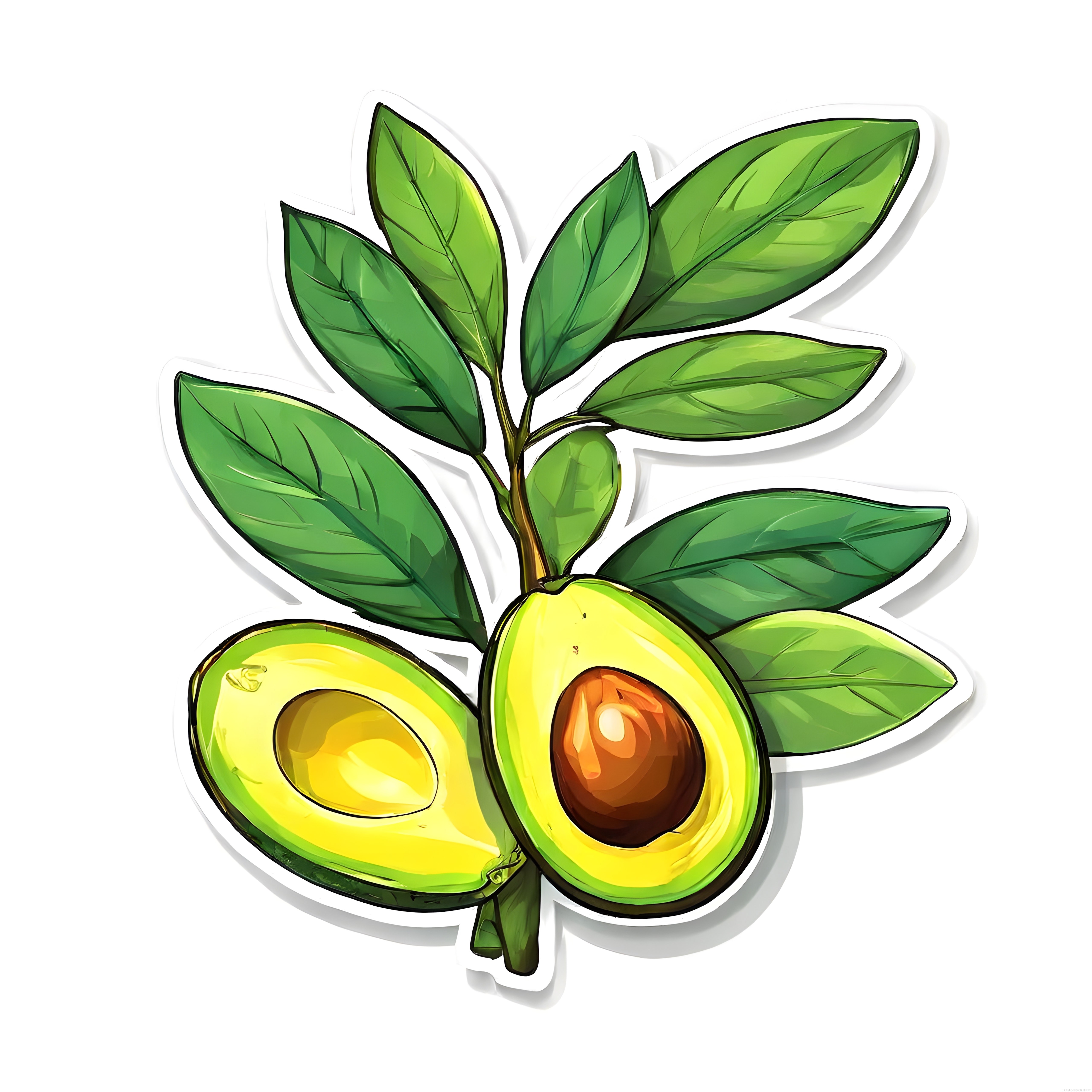 Avokado ve Yaprakları ile Doğal Tropikal Sticker Dijital İllüstrasyon