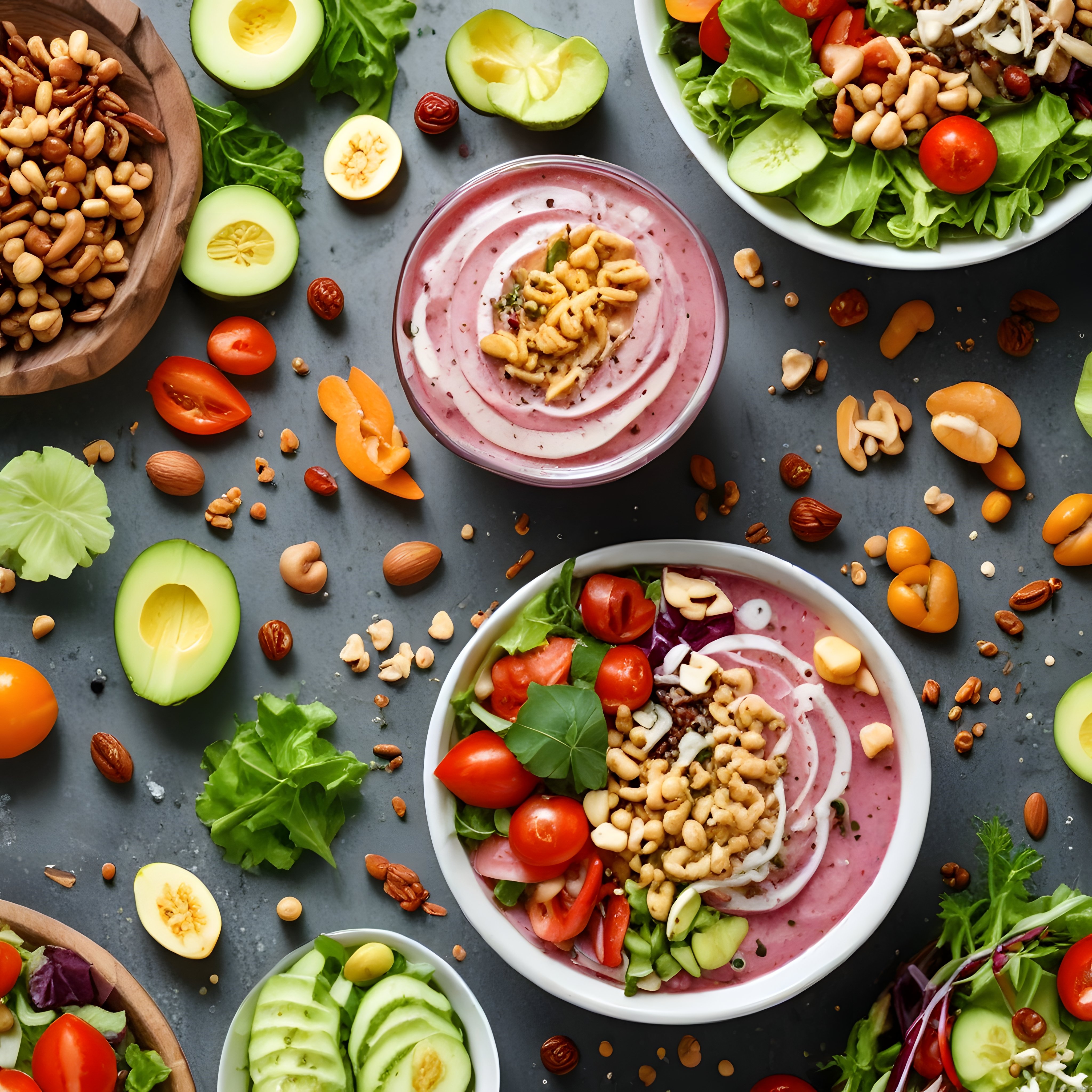Avokado Yemiş ve Taze Yeşilliklerle Zenginleştirilmiş Sağlıklı Beslenme Kasesi ve Salata Sunumu