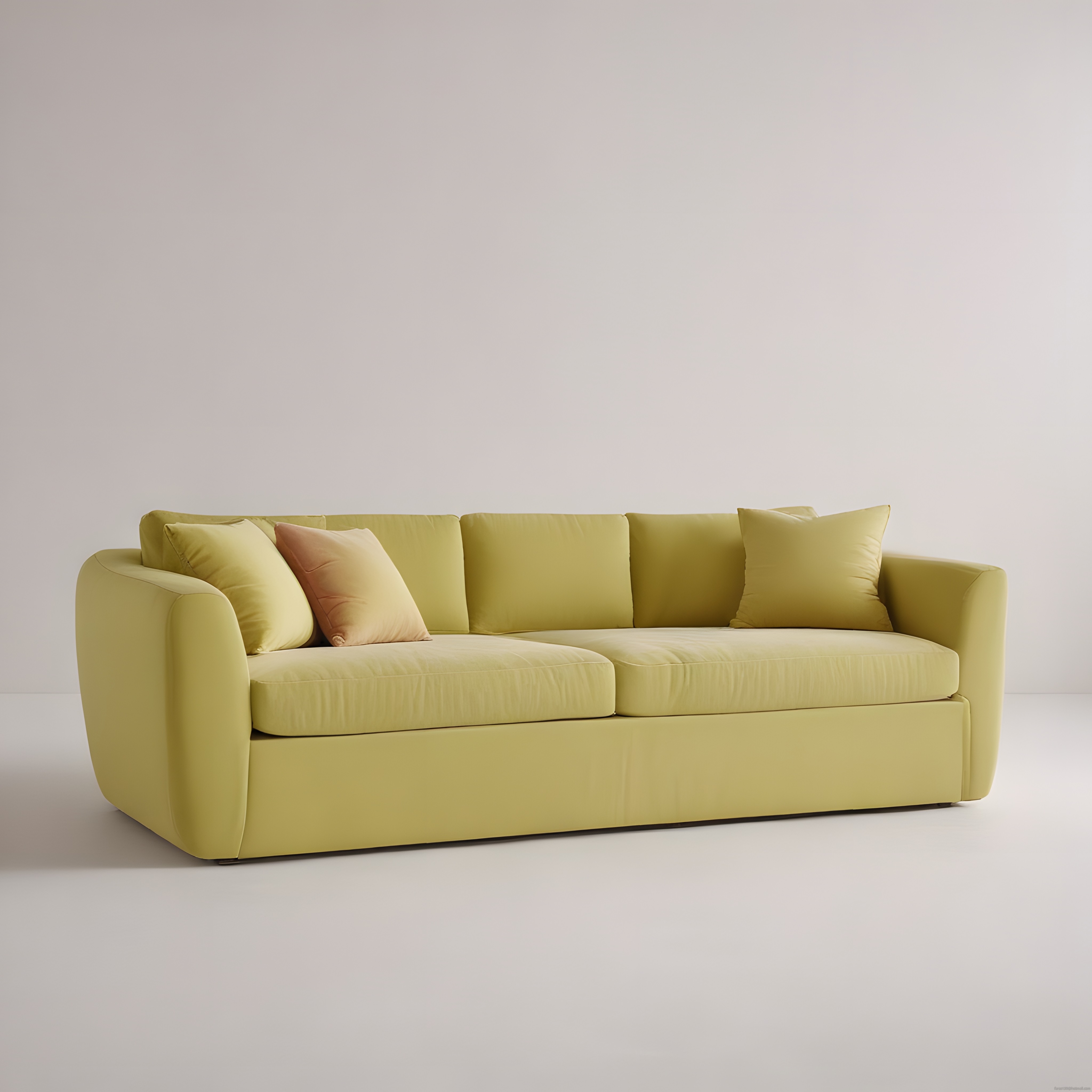 Avokado Yeşili Modern Üçlü Kanepe ve Pastel Yastık Detaylı Salon Dekoru