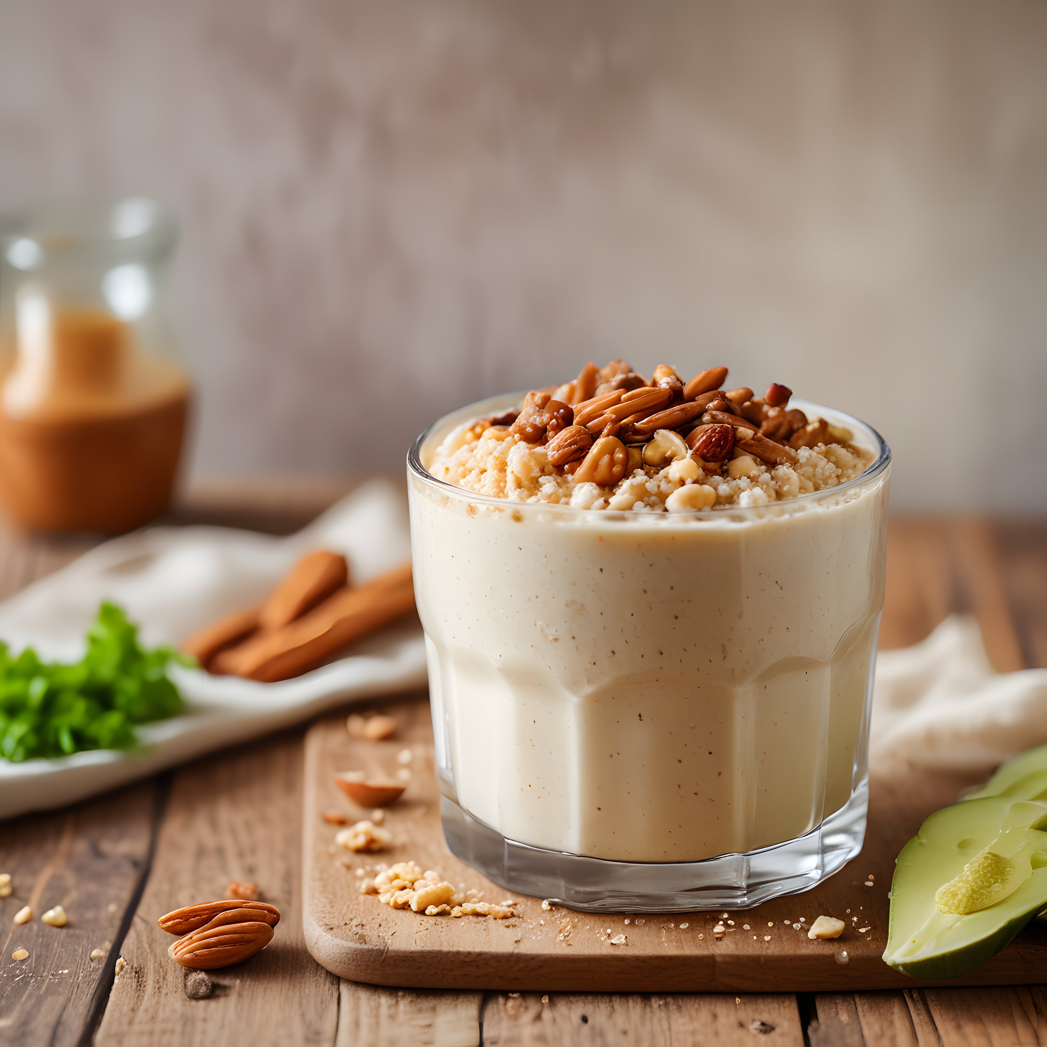 Avokadolu bademli kremsi smoothie ve fıstık ezmesi kahvaltı sunumu