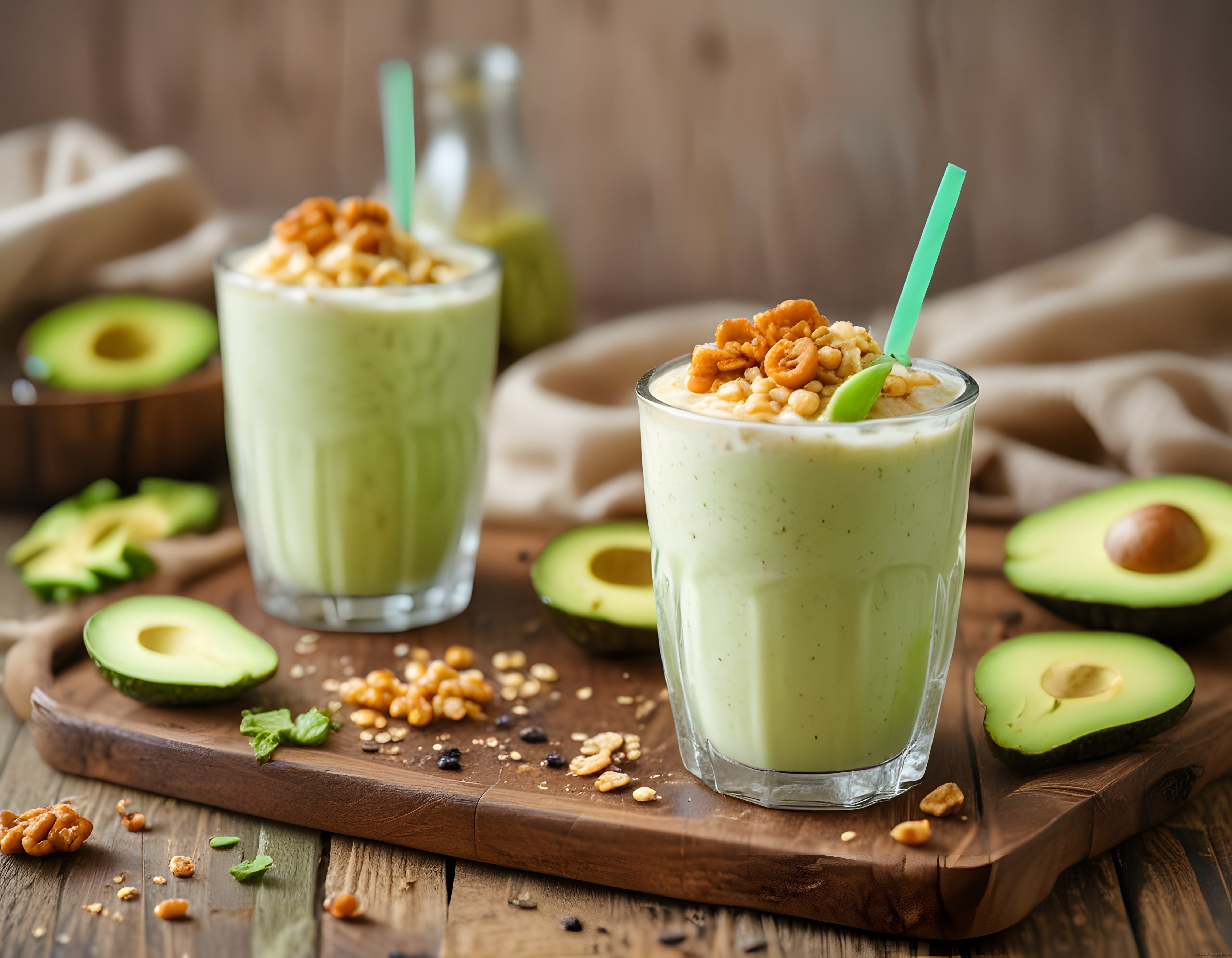 Avokadolu Cevizli ve Granolalı Kremalı Smoothie İçeceği ve Sunumu