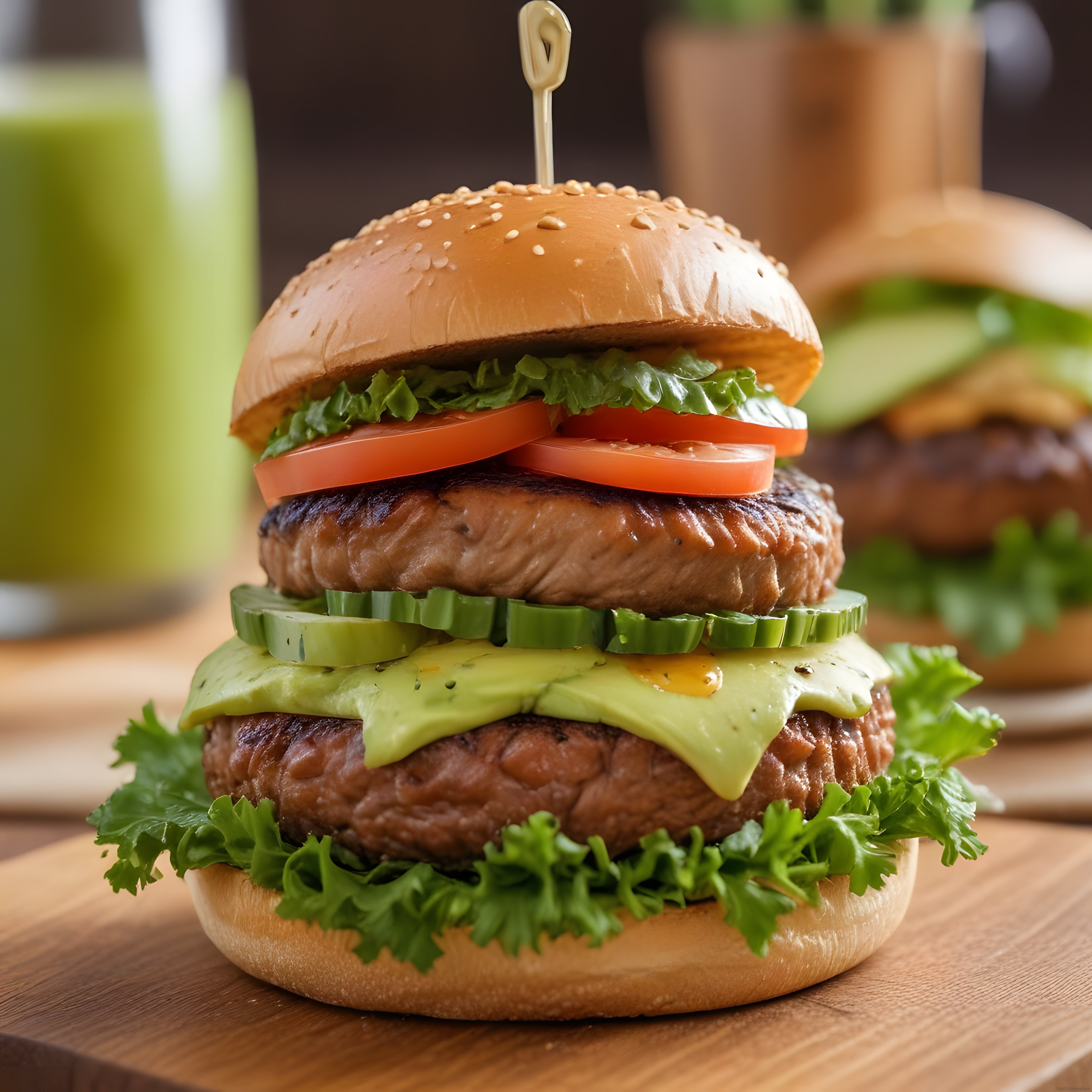 Avokadolu Çift Katlı Hamburger ve Taze Yeşil Smoothie ile Lezzetli An