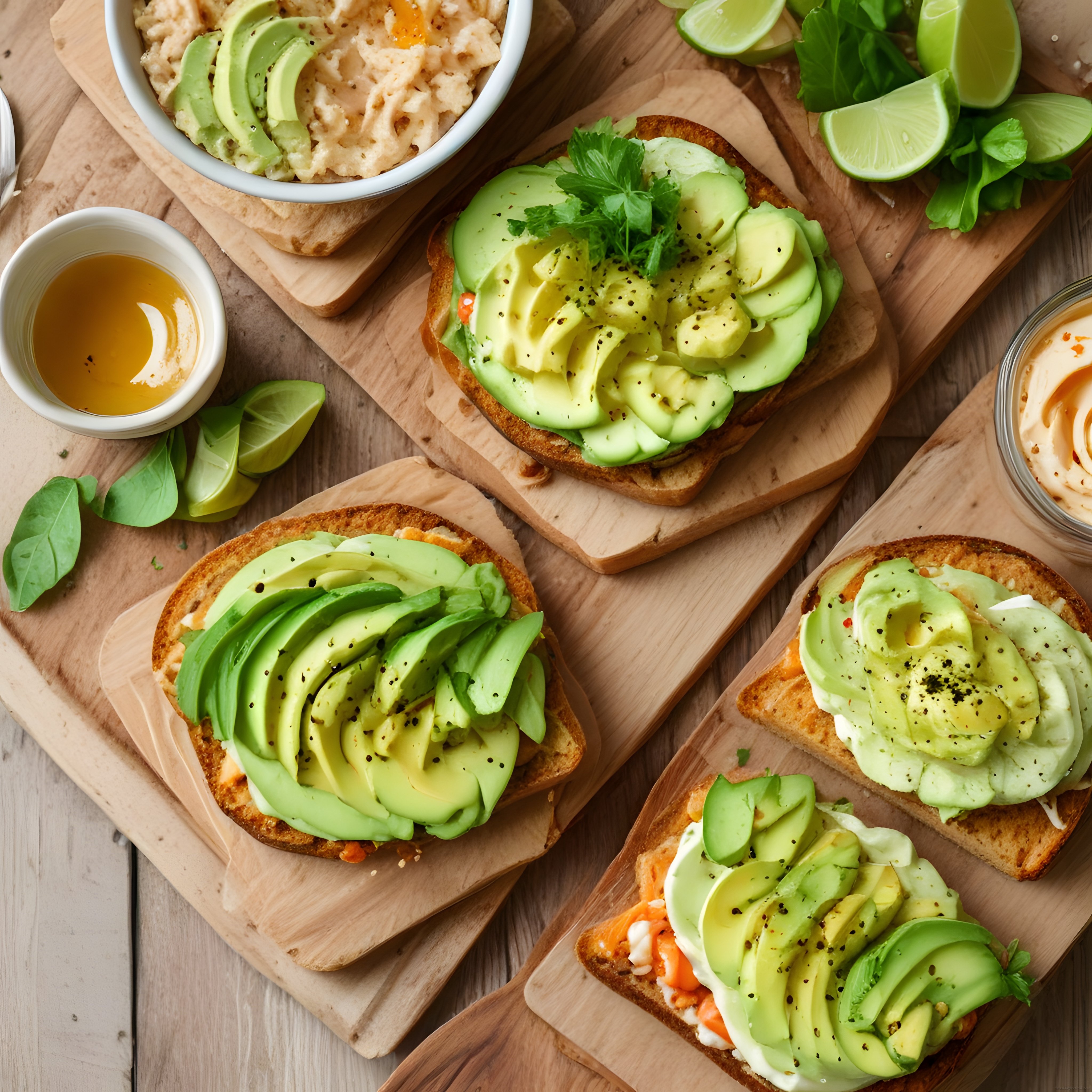 Avokadolu çıtır tost çeşitleri, humus ve limonlu ferah kahvaltı masası