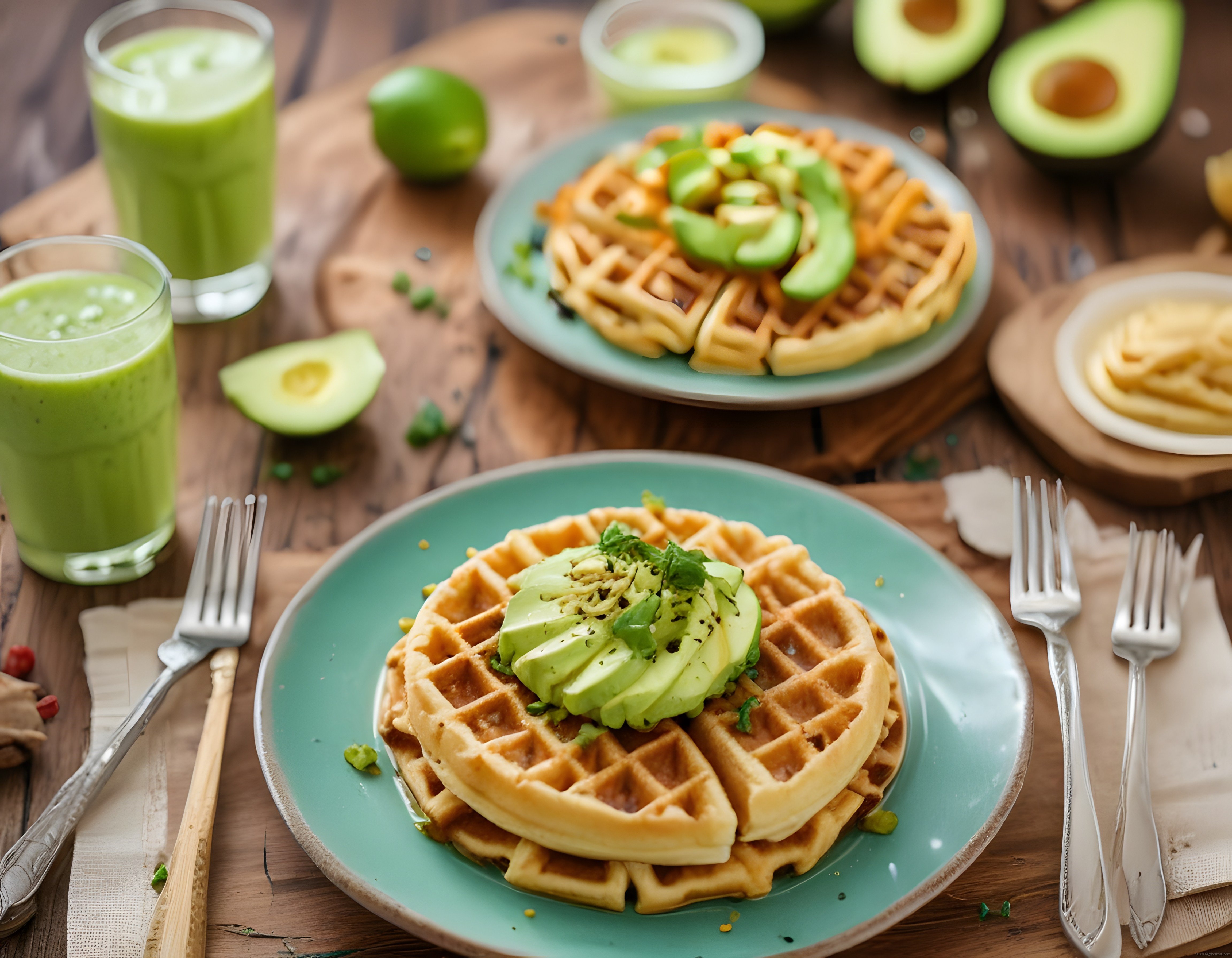 Avokadolu Çıtır Waffle ve Yeşil Smoothie ile Hafif Kahvaltı Menüsü