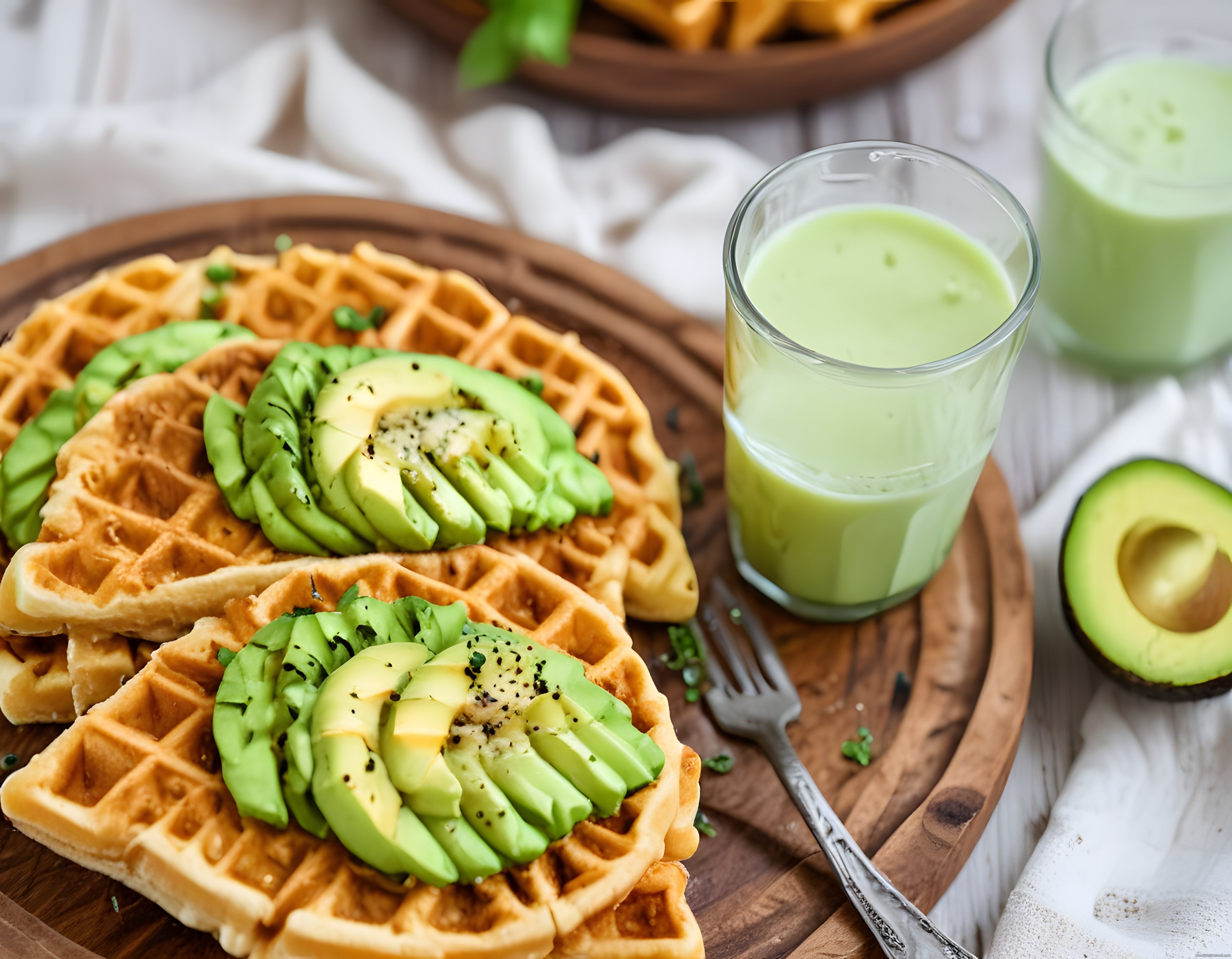 Avokadolu Çıtır Waffle ve Yeşil Smoothie ile Kahvaltı Sunumu