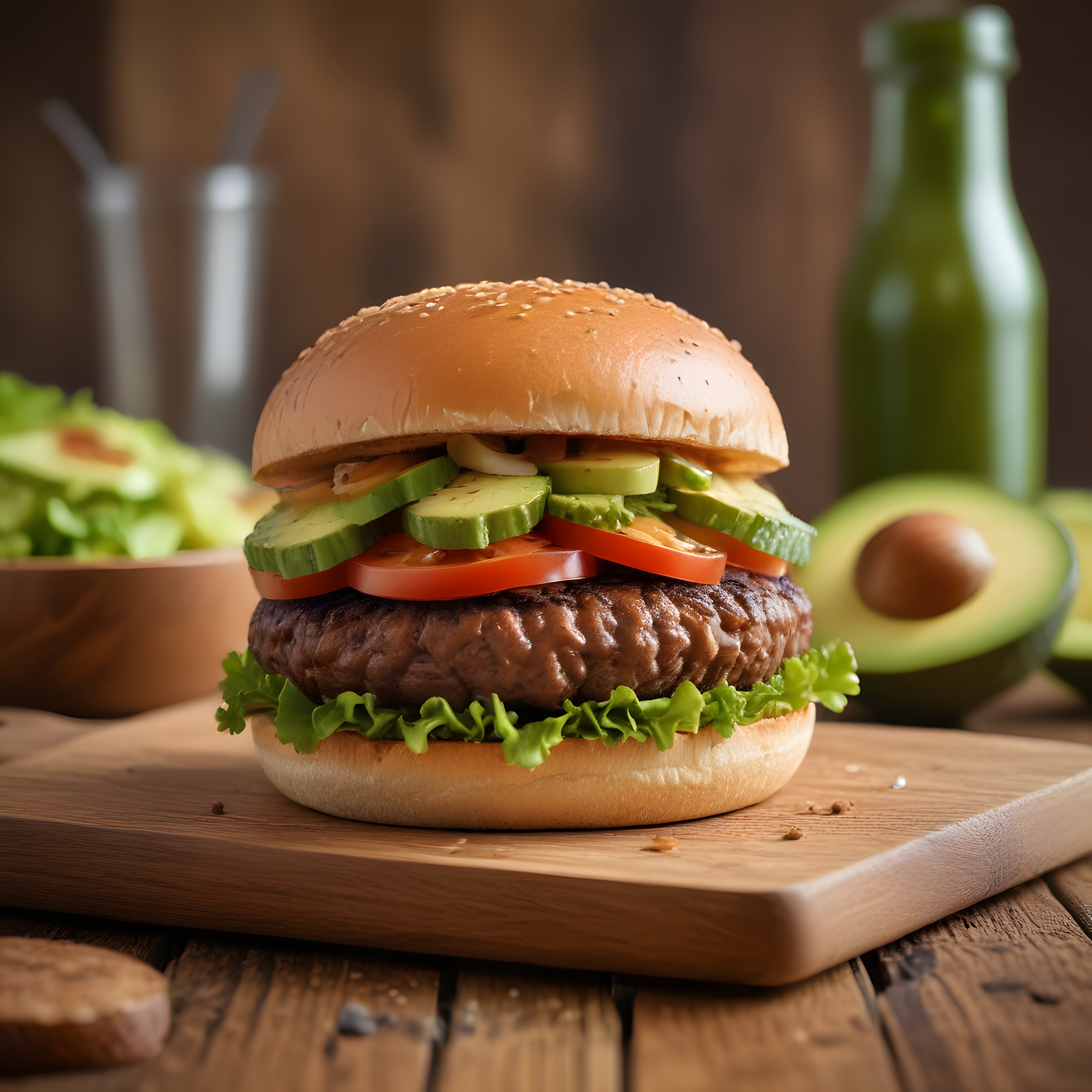 Avokadolu Dana Burger: Susamlı Ekmek Arasında Izgara Köfte ve Sebzeler