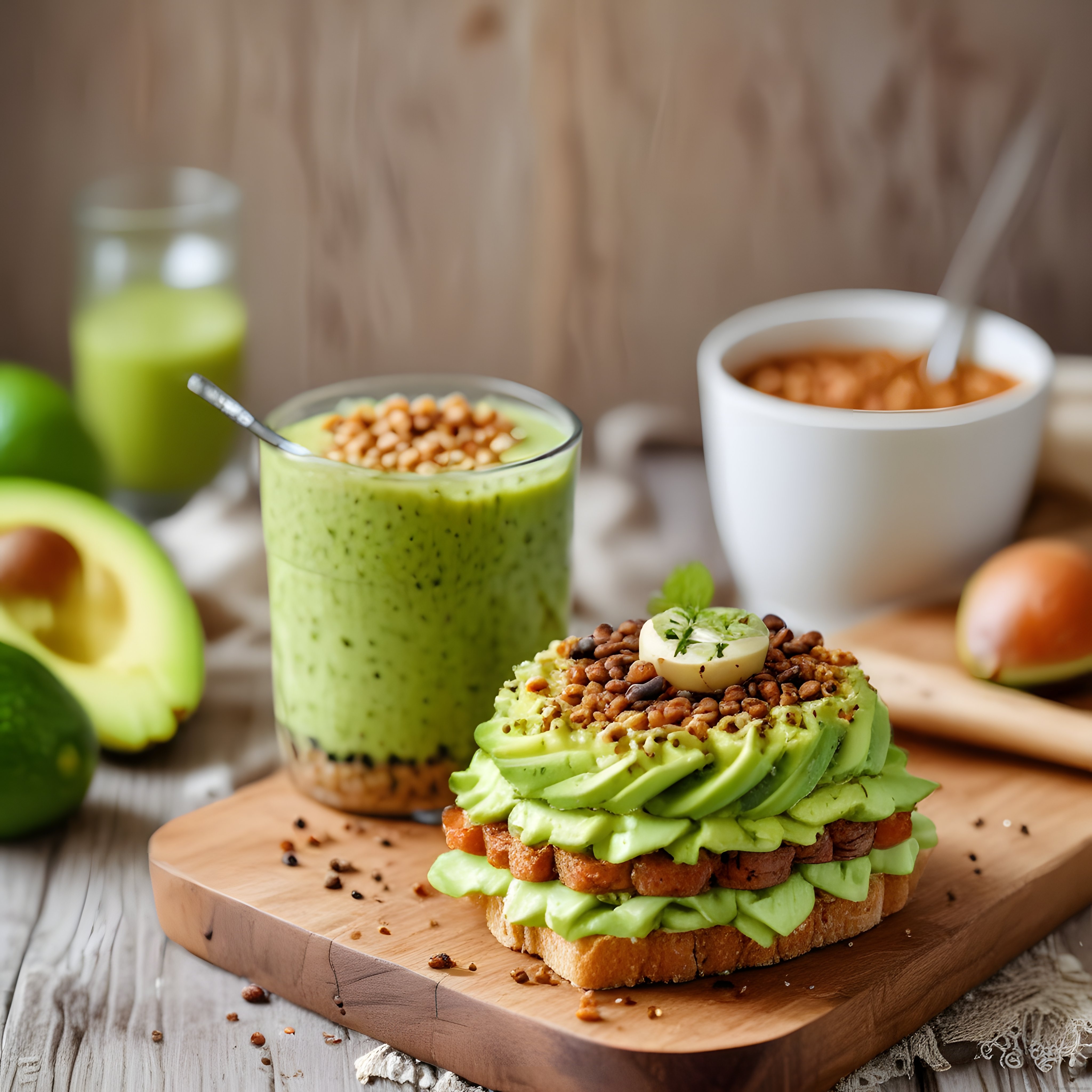 Avokadolu Ekmek Üstü ve Yeşil Smoothie ile Sağlıklı Kahvaltı Sunumu