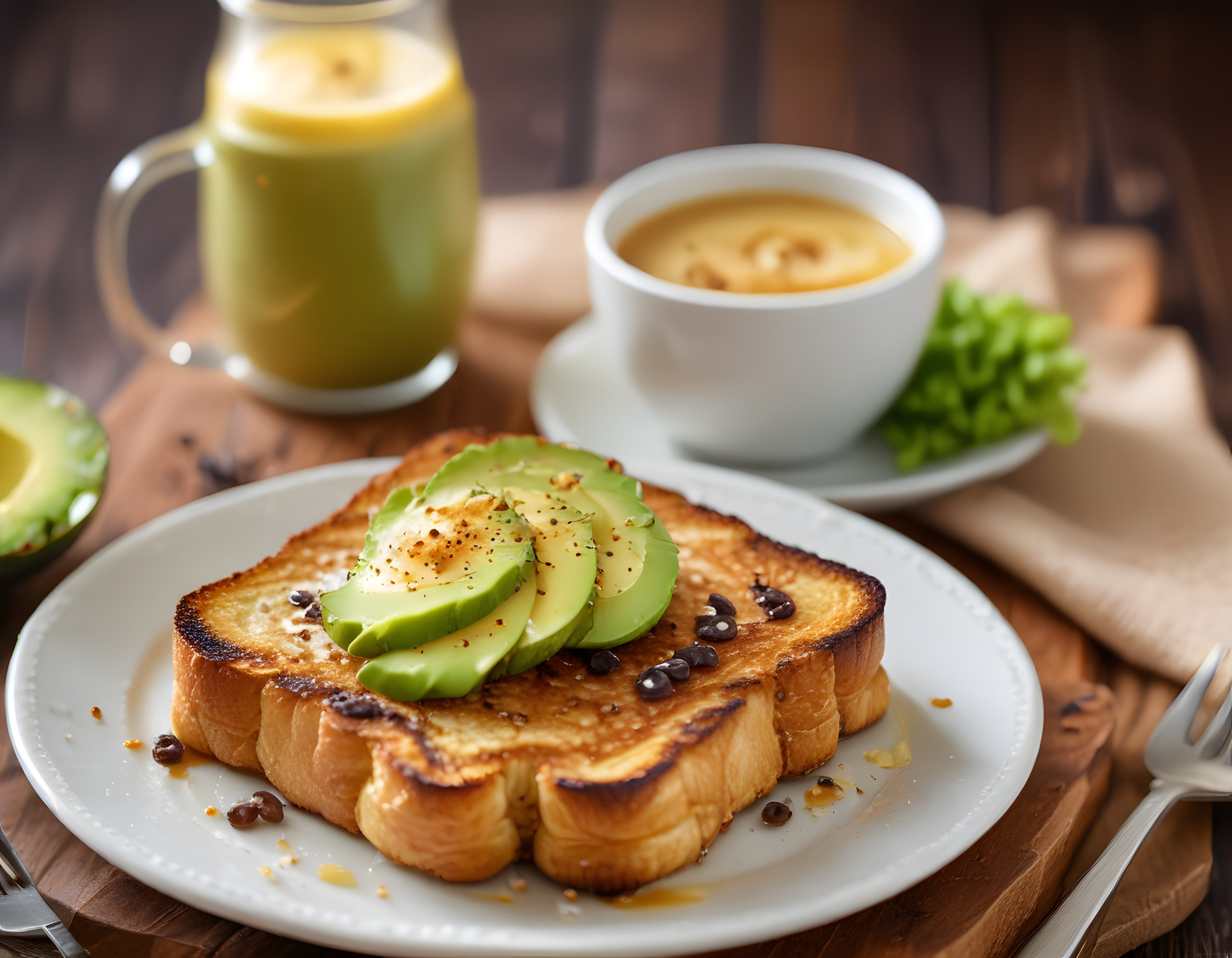 Avokadolu French Toast, Latte ve Smoothie ile Kusursuz Kahvaltı Sunumu